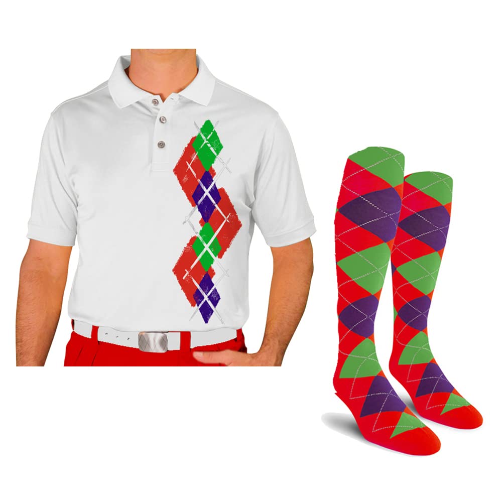 Men's Dry Fit Short Sleeve Graphic Golf Polo Shirt with Socks - Argyle Paradise (5A-5Z) | Moisture Wicking Performance Tee for Golf, Tennis & Casual Wear