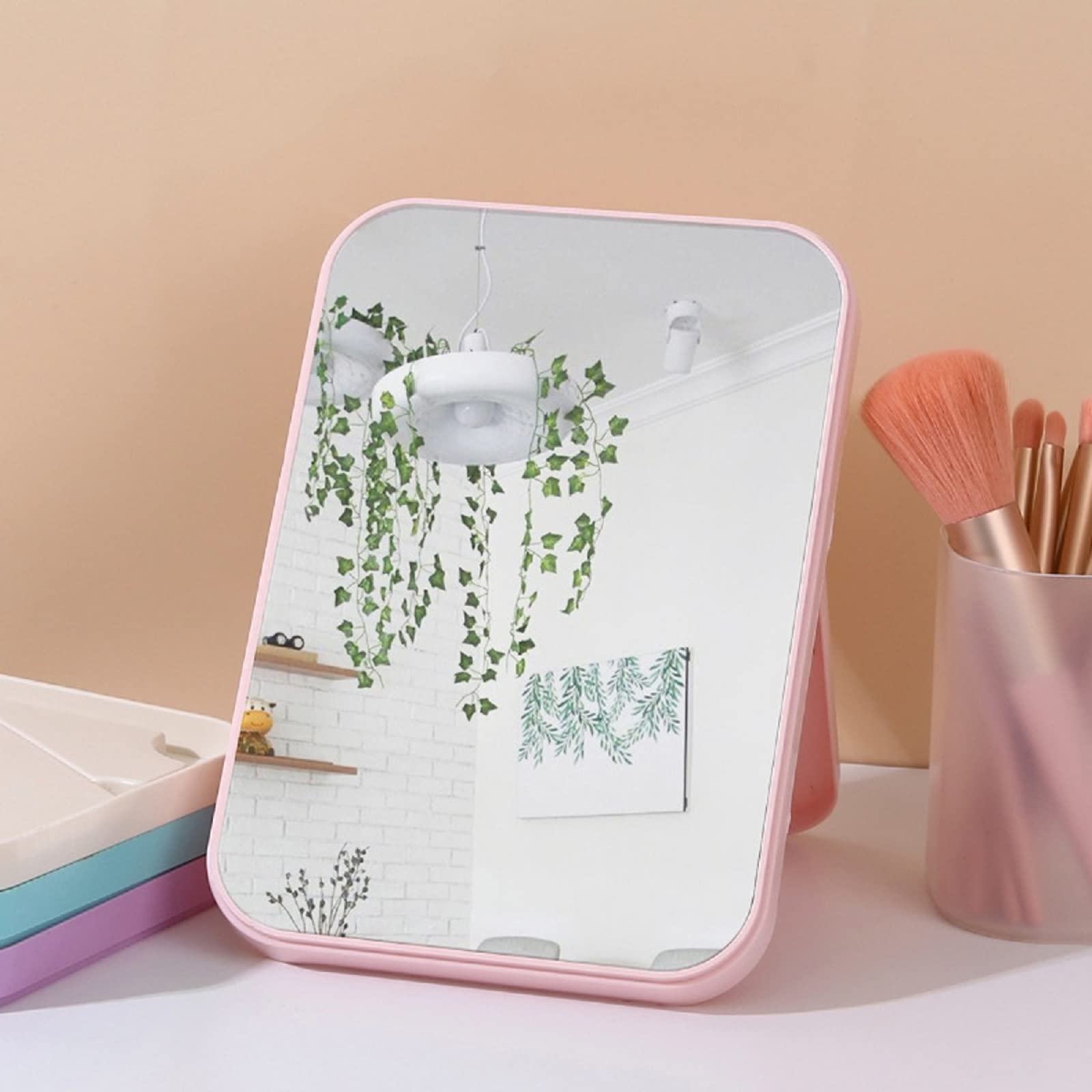 HENIJ® Portable Travel Makeup Mirror with Adjustable Stand - Foldable Square Cosmetic Mirror for Women & Girls, Lightweight & Compact Design - Perfect for Home, Travel, Gym & Dorm (Pink, 1 Pack)