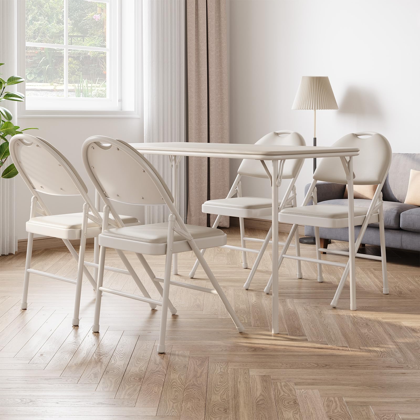 IDEALHOUSE 5-Piece Portable Folding Table and Chairs Set - Foldable Card Table with PU Upholstered Chairs for Dining Room, Living Room, Office, Camping & Outdoor Events (Beige) | Perfect for Game Nights, Picnics, and Small Space Living