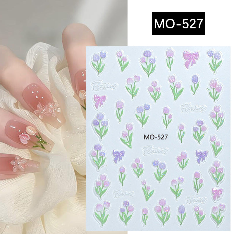 3D Spring Tulip Embossed Flower Jelly Nail Stickers - Set of 3 Designs (MO-527/528/529) for Gel Polish Manicure & Nail Art Decoration - Perfect for Spring Parties, Weddings and DIY Nail Salon