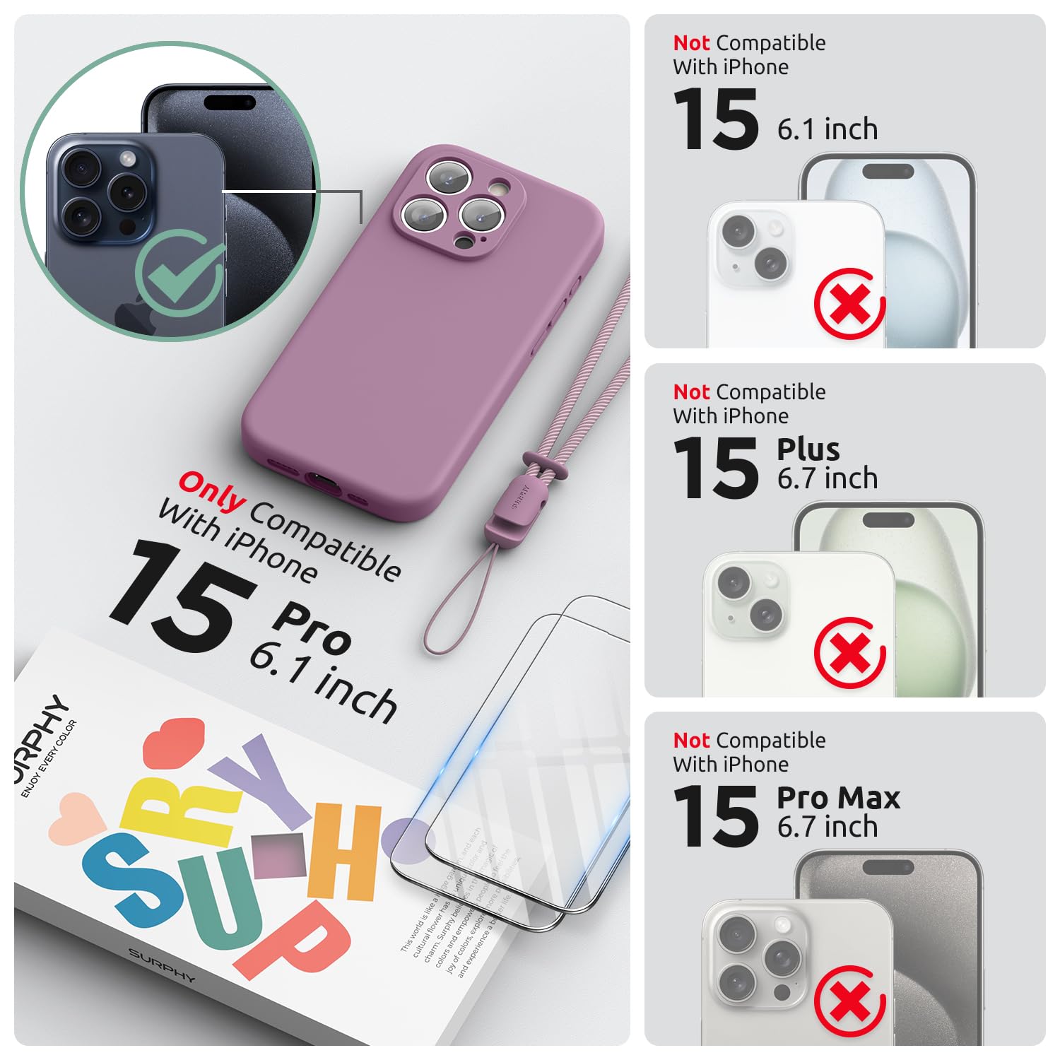 SURPHY iPhone 15 Pro Case 6.1 inch (2023) - Premium Liquid Silicone Protective Cover with Built-in Screen Protector, Camera Protection & Soft Microfiber Lining - Includes Lanyard & Phone Strap (Lilac Purple) - Perfect for Everyday Use, Travel & Outdoor Activities