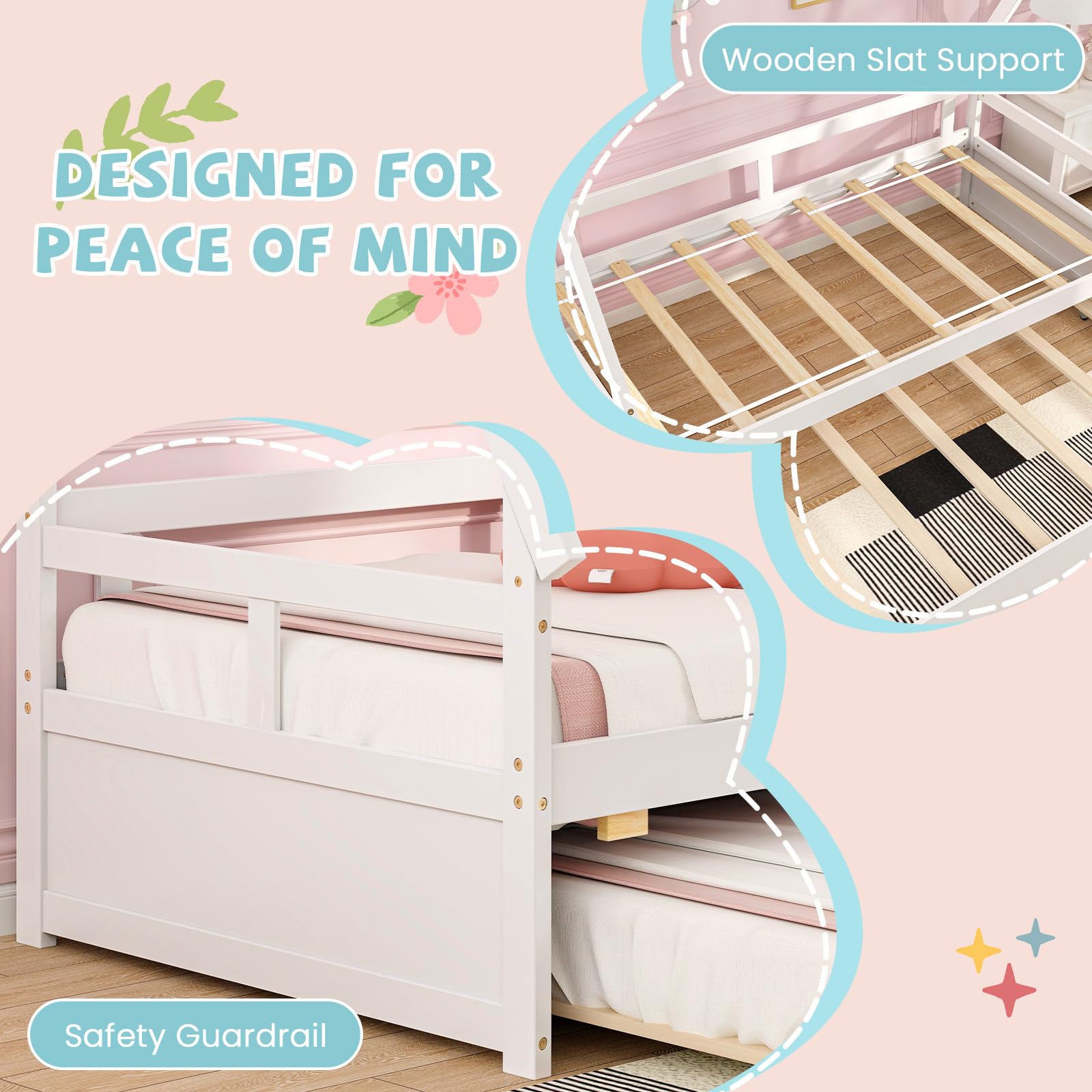 Giantex Twin House Bed with Trundle - Solid Wood Montessori Tent Bed Frame with Safety Guardrail, Low Teepee Bed for Kids & Teens - No Box Spring Needed - Perfect for Bedrooms, Playrooms & Montessori Classrooms (White)
