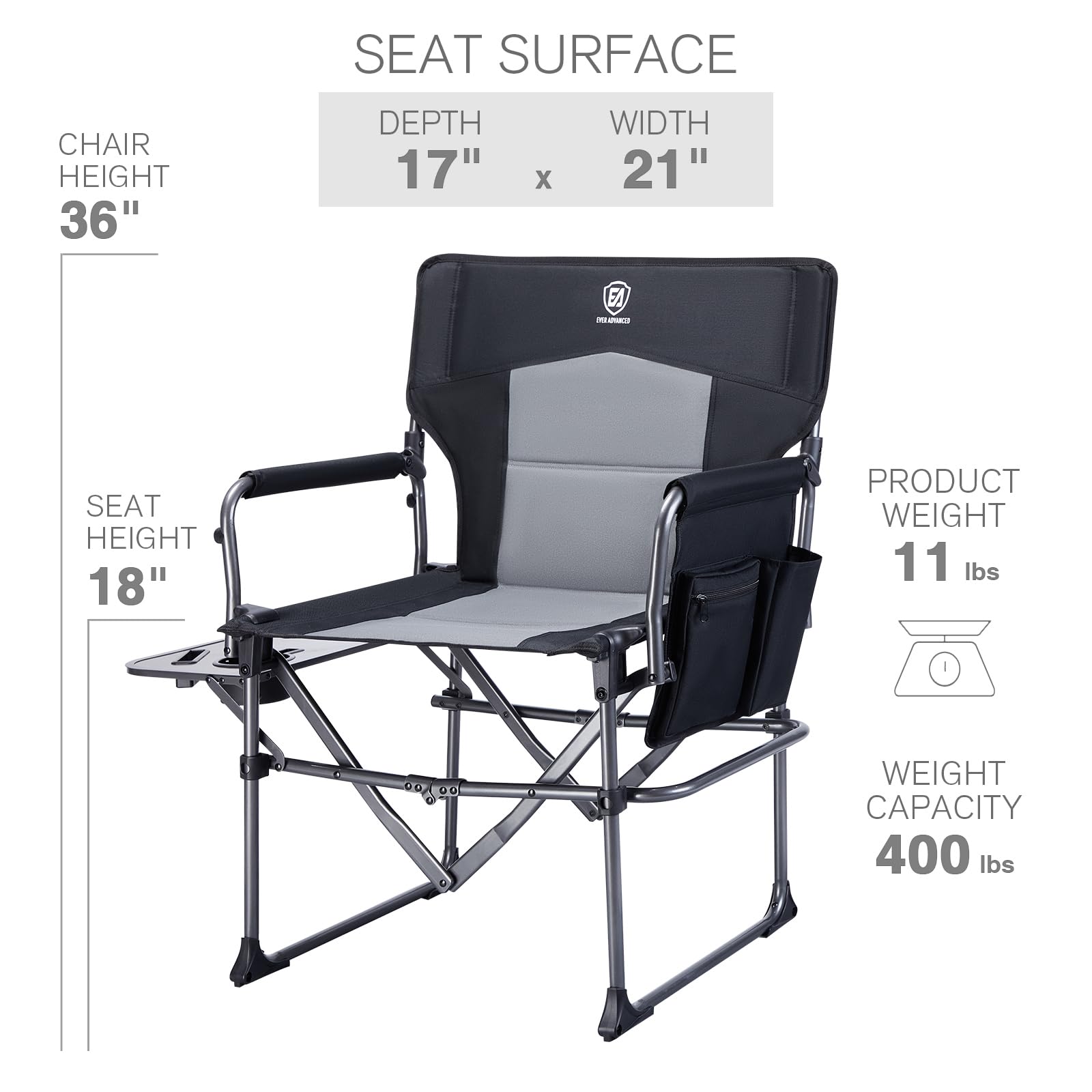 EVER ADVANCED Heavy Duty Folding Camping Chair with Side Table - Portable Compact Lawn Chair for Outdoor Camping, Fishing, Sports & Picnics - 400lbs Capacity Black - Perfect for Backyard, Beach & Tailgating