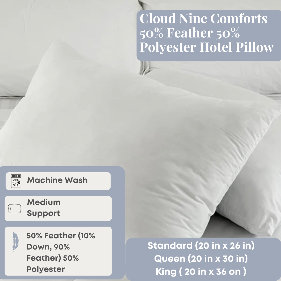Premium Cloud Nine Comforts Hotel Pillow - 50% Feather & 50% Polyester Blend for Ultimate Softness & Support - Perfect for Home, Hotel, Travel & Guest Rooms