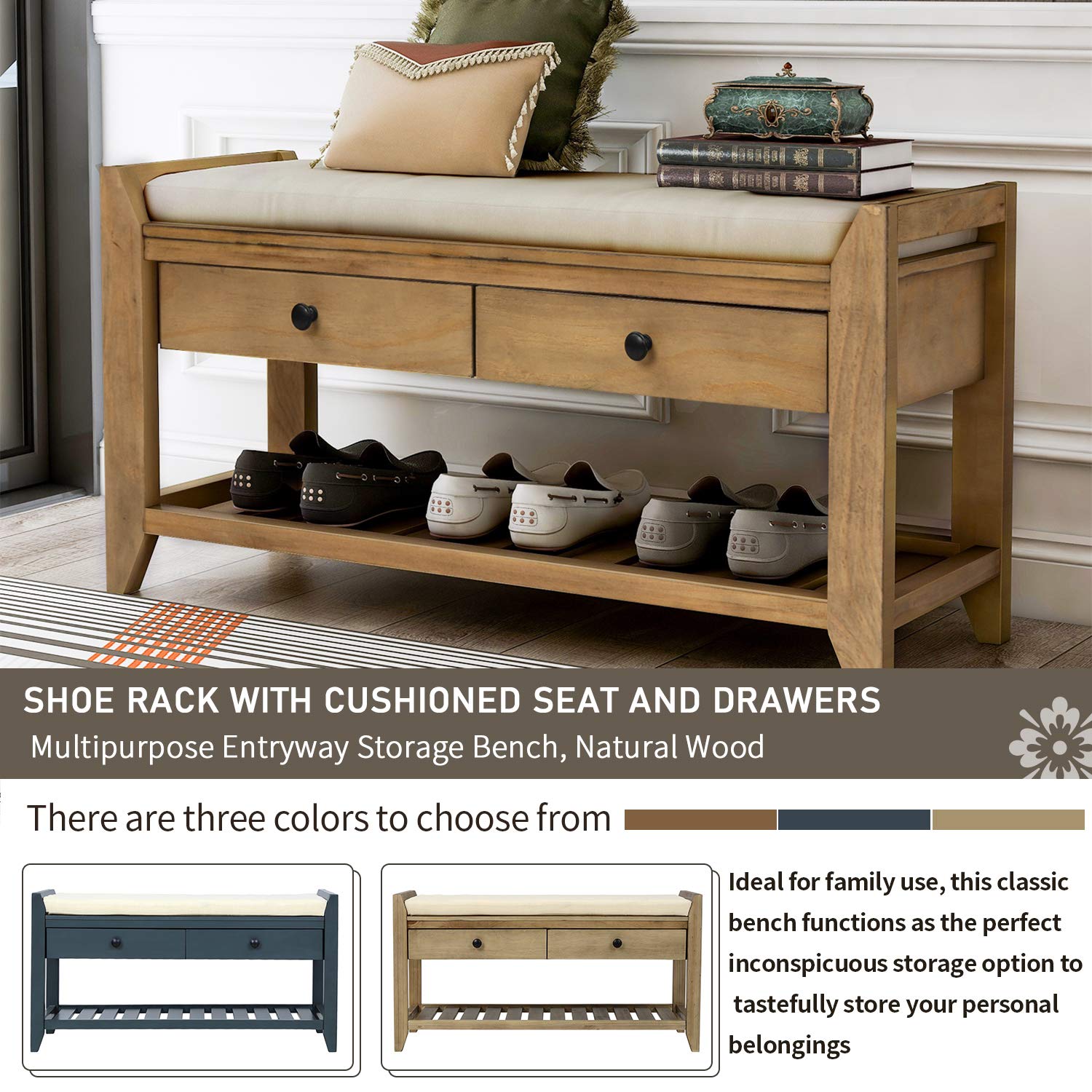 Danxee Shoe Storage Bench with Cushioned Seat - Entryway Organizer with 2 Drawers & Shelves - Multifunctional Foot Stool, Bed Bench - Perfect for Hallway, Bedroom & Closet Organization (Old Pine)