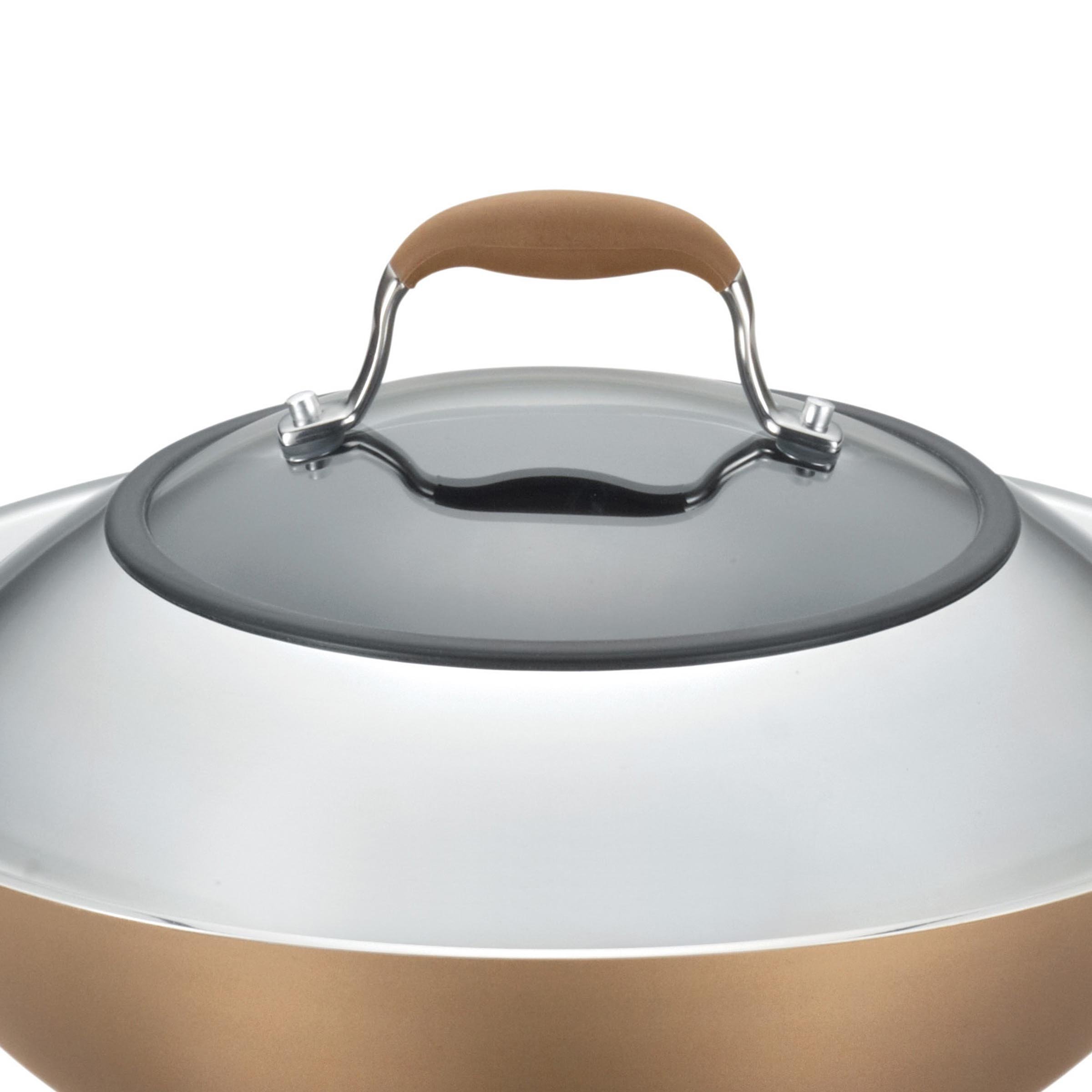 Anolon Advanced Hard Anodized Nonstick 14-Inch Stir Fry Wok Pan with Lid - Bronze Brown - Professional Cookware for Asian Cuisine, Home Kitchen & Restaurant Use