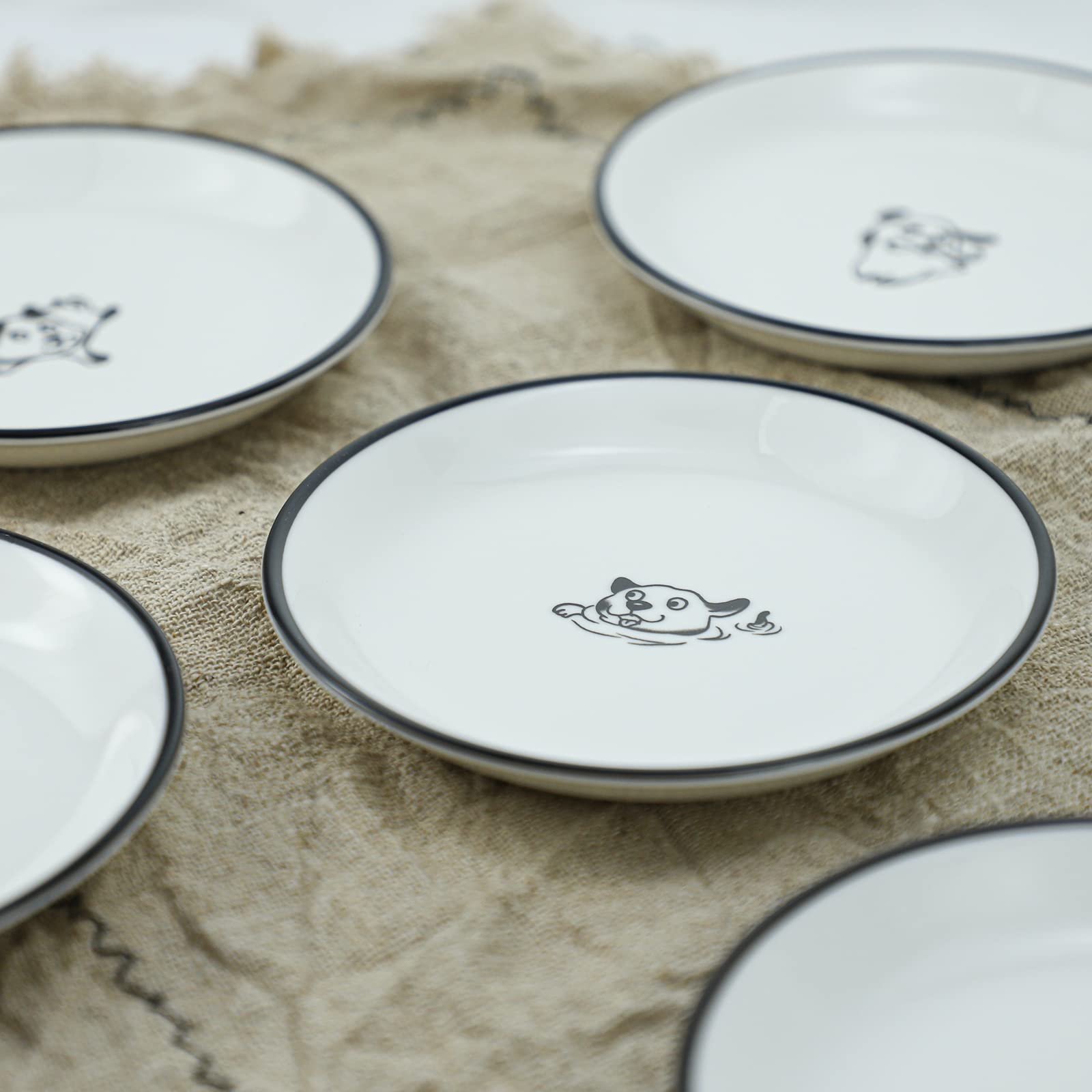 Happy Dogs Ceramic Seasoning Dishes - 5 Inch Set of 4, Cute Cartoon Sauce Bowls for Sushi Dipping, Appetizer Plates & Tea Bag Holders - Perfect for Kitchen, Dining Table & Party Serving