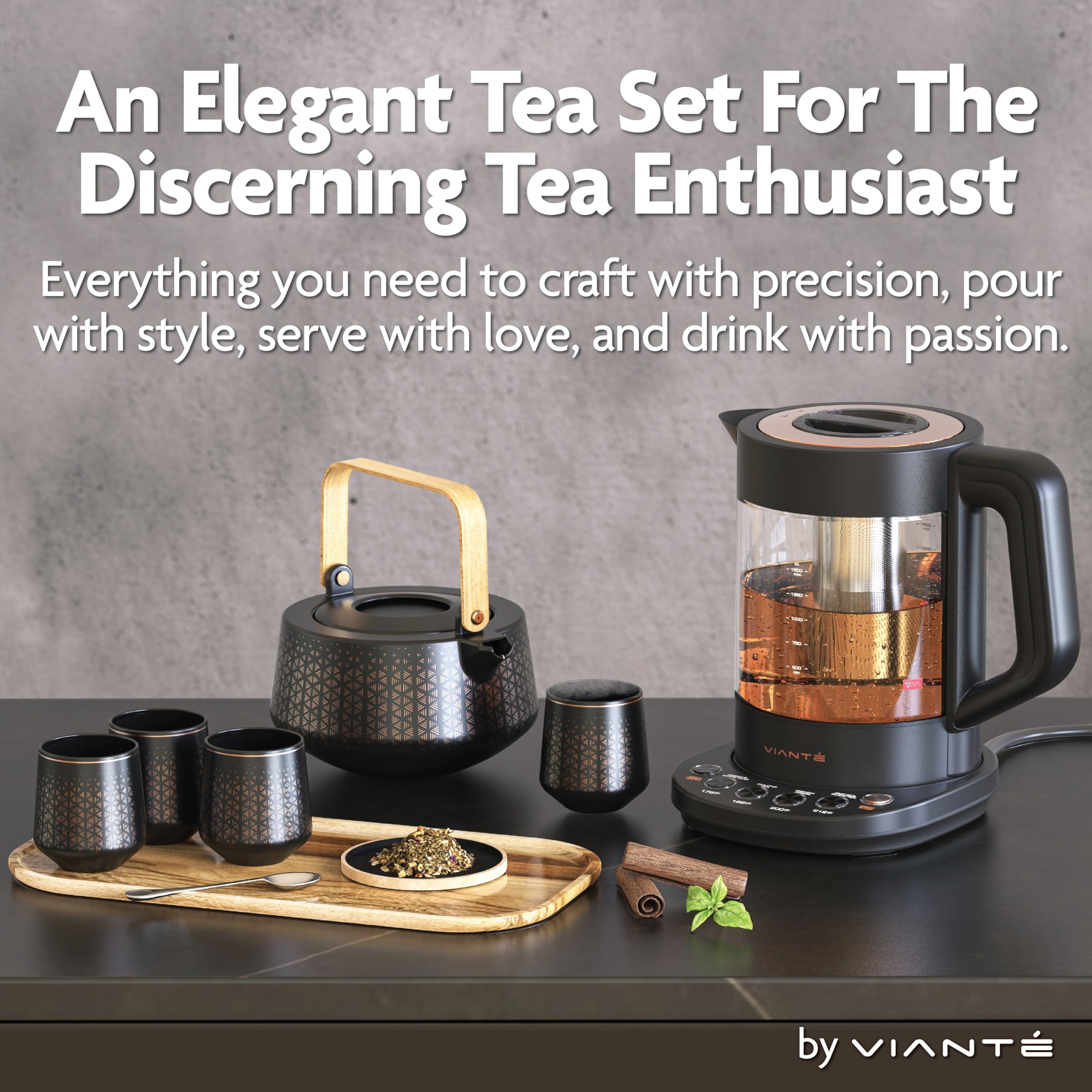 Premium Electric Tea Kettle with Infuser - Ceramic Teapot & Cups Set with Wooden Tray - Perfect for Loose Leaf Tea Brewing - Ideal Gift for Tea Lovers - Home & Office Tea Ceremony Set