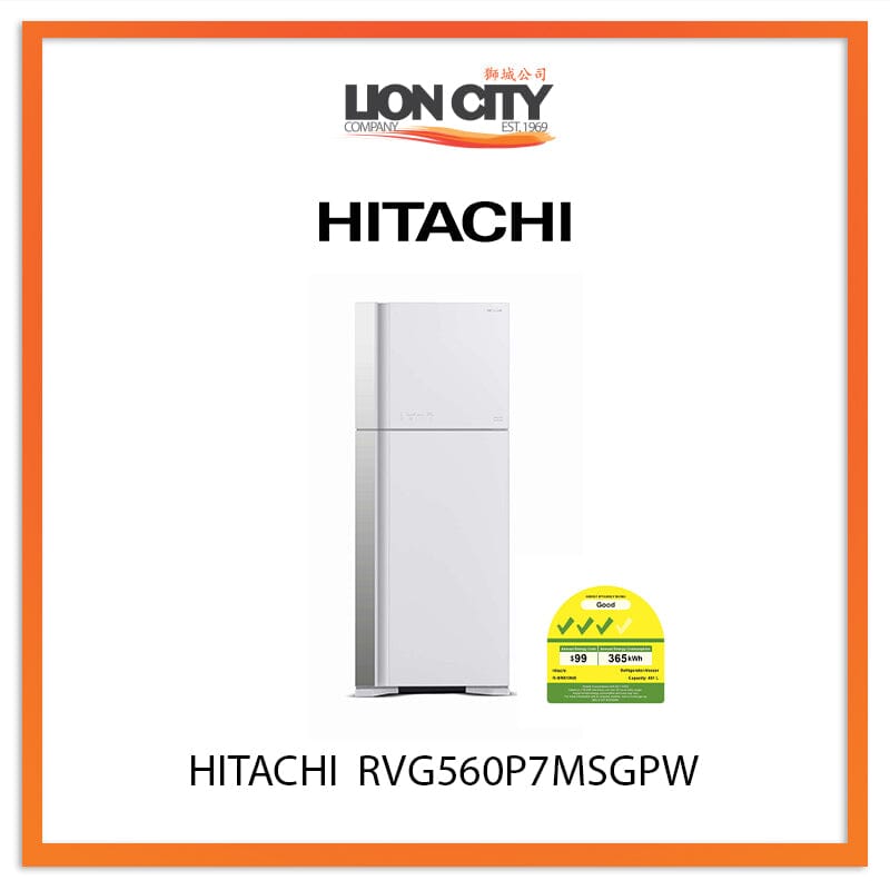 Hitachi 438L 2-Door Refrigerator RVG560P7MSGPW - Energy Efficient Fridge for Home, Kitchen & RV Use