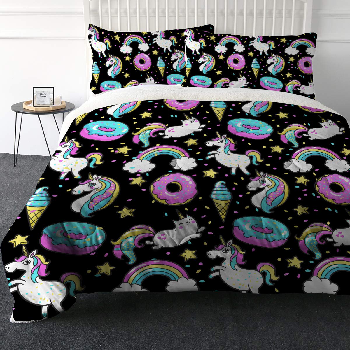 Ultra-Soft Unicorn Donut Comforter Set - 3D Cartoon Sherpa Bedding with Micromink Duvet & 2 Pillow Shams | Queen Size Colorful Polyester Filler Bedspread for Kids' Room, Girls' Bedroom Decor & Cozy Sleep