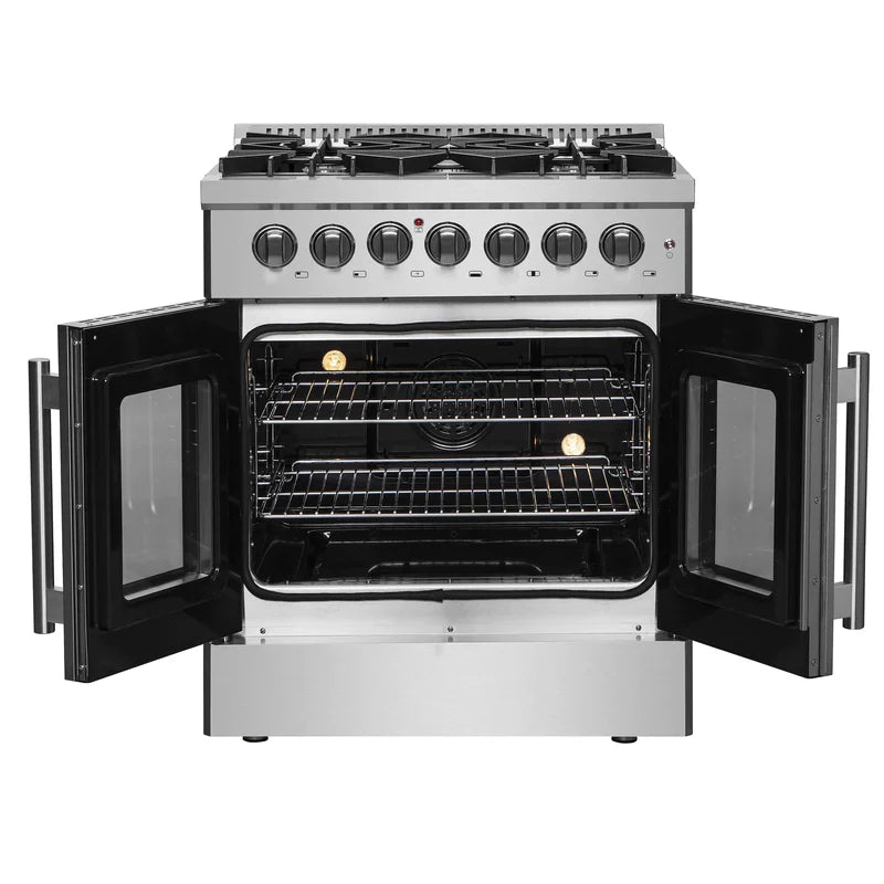 FORNO 30 Inch Freestanding Dual Fuel Range - Stainless Steel French Door Oven with 5 Burners & 68,000 BTU - Model FFSGS6356 - Perfect for Modern Kitchens & Professional Cooking
