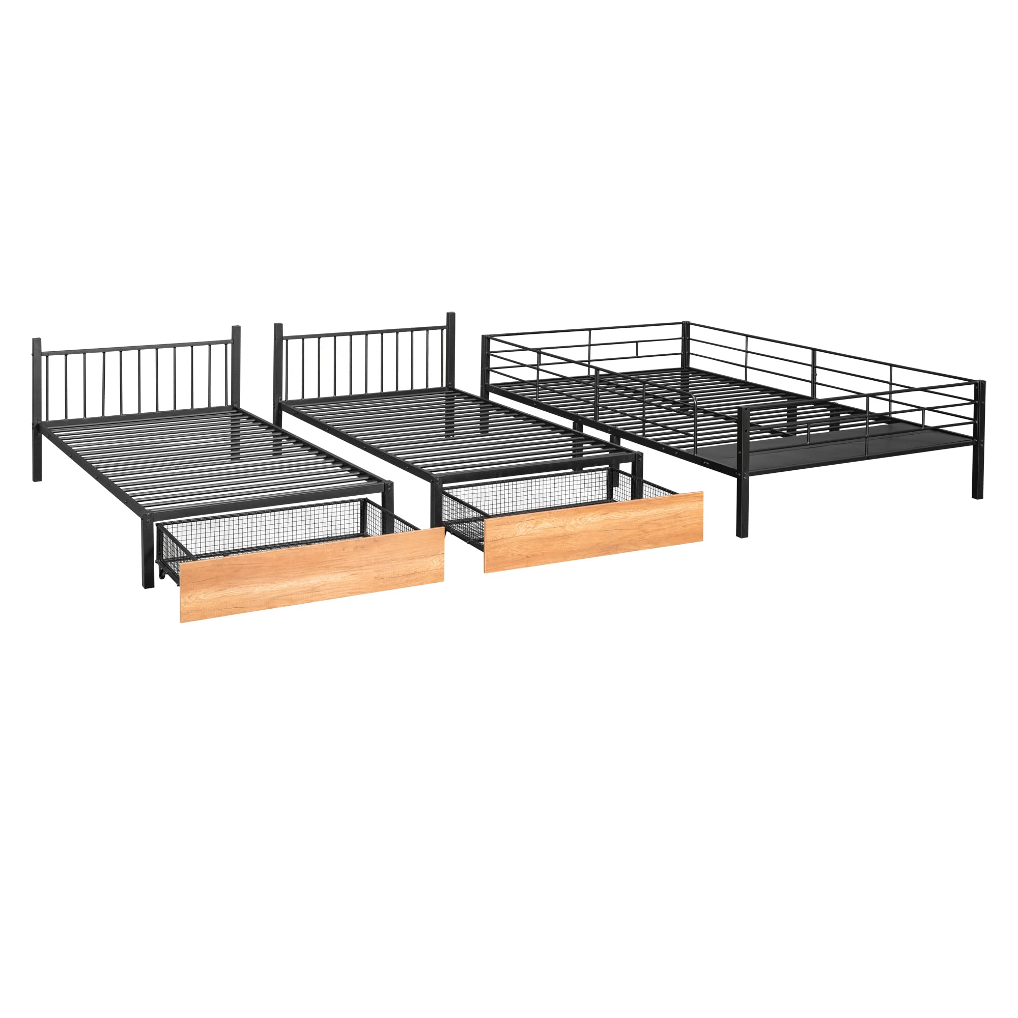 BOVZA Triple Bunk Bed with Storage - Full/Twin Metal Bunk for Kids & Adults - Convertible to 3 Beds - Perfect for Small Spaces & Dorms