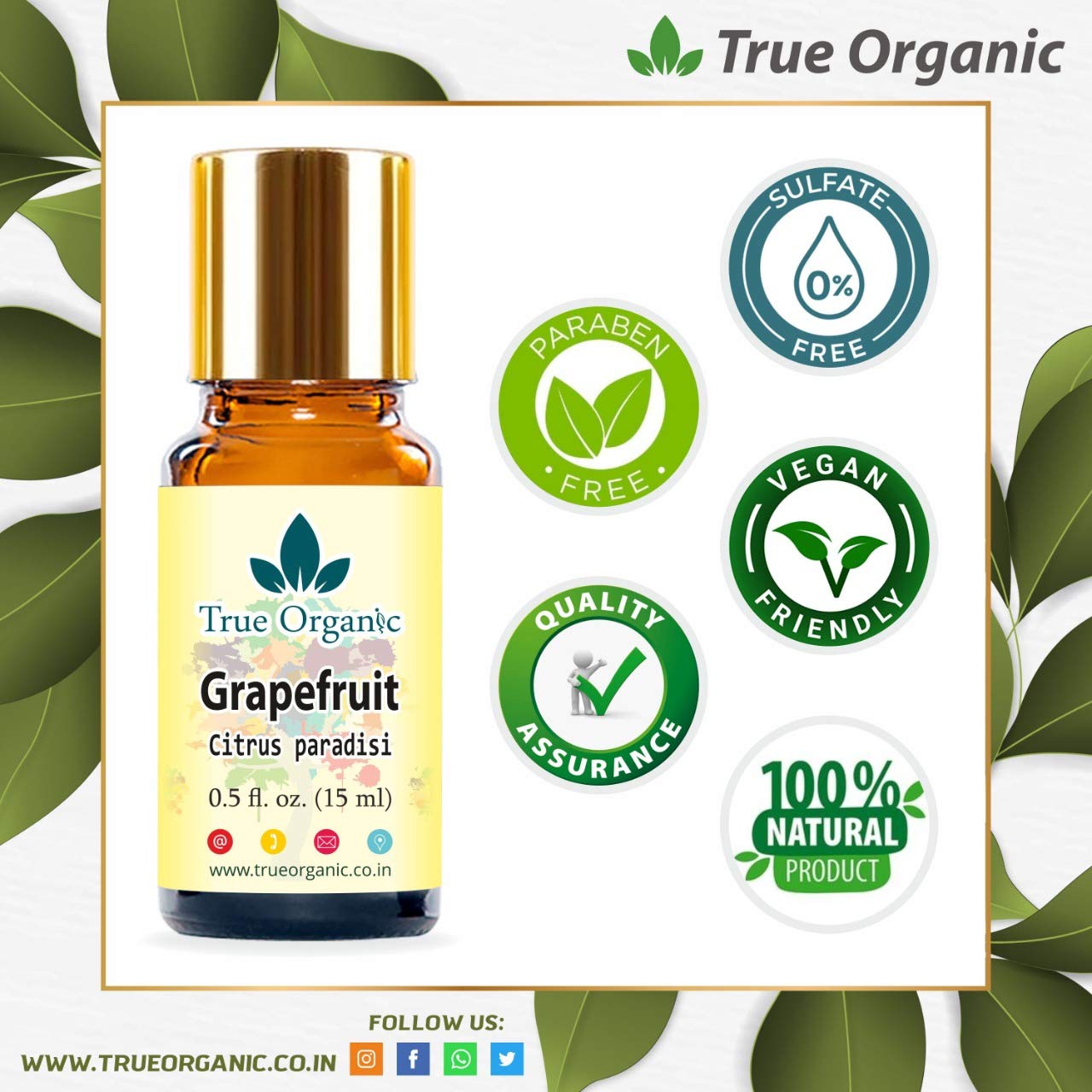 Organic Grapefruit Essential Oil - 100% Pure Natural for Massage, Aromatherapy, Diffuser & Skin Care (15ml) | Relaxing & Uplifting Scent for Stress Relief & Mood Boosting