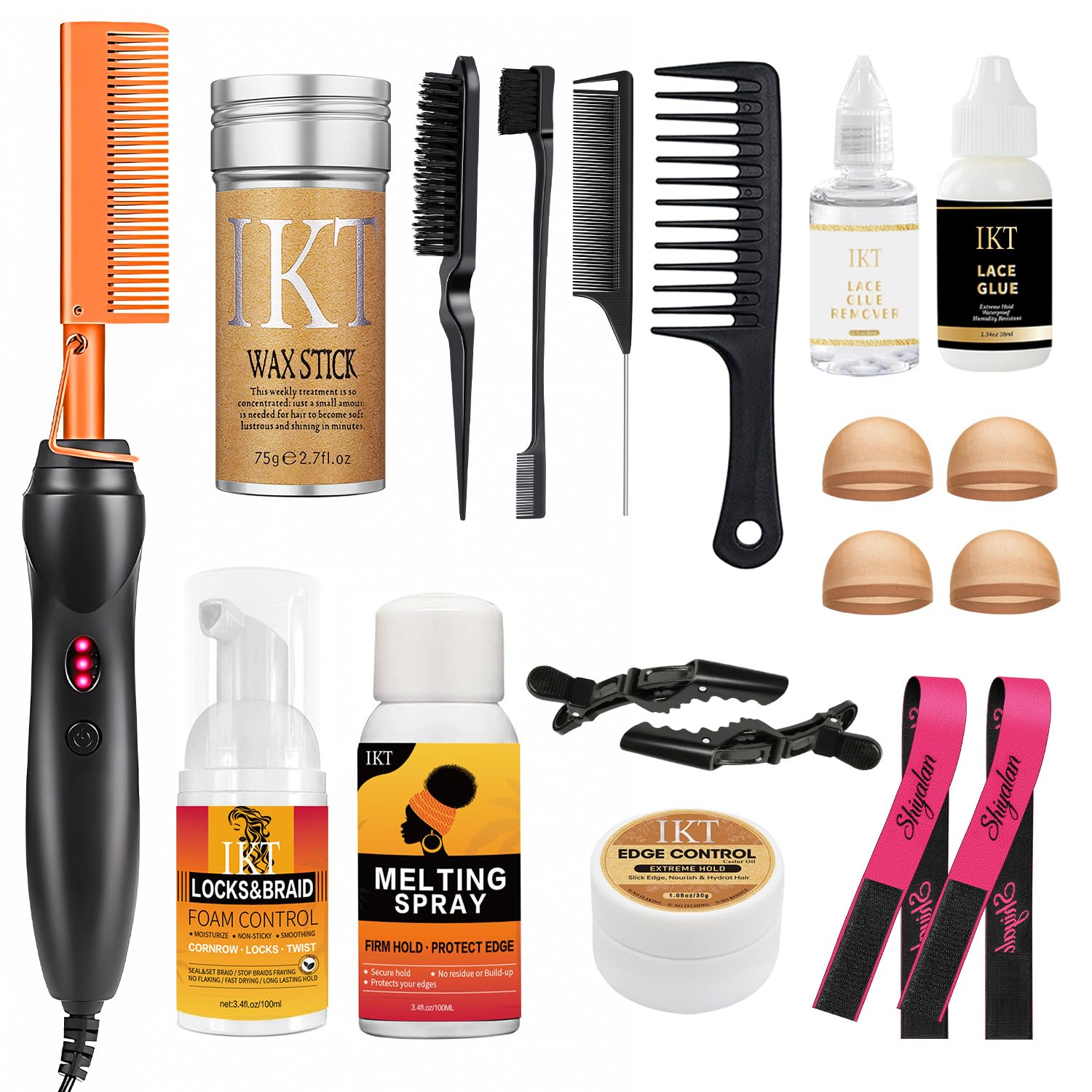 Electric Hot Comb Set for Natural Black Hair & Wigs - Straightener, Curling Iron, Pressing Combs with Wig Glue & Hair Wax Stick - Includes Rat Tail Comb & Salon Clips - Perfect for Home Styling & Professional Salon Use