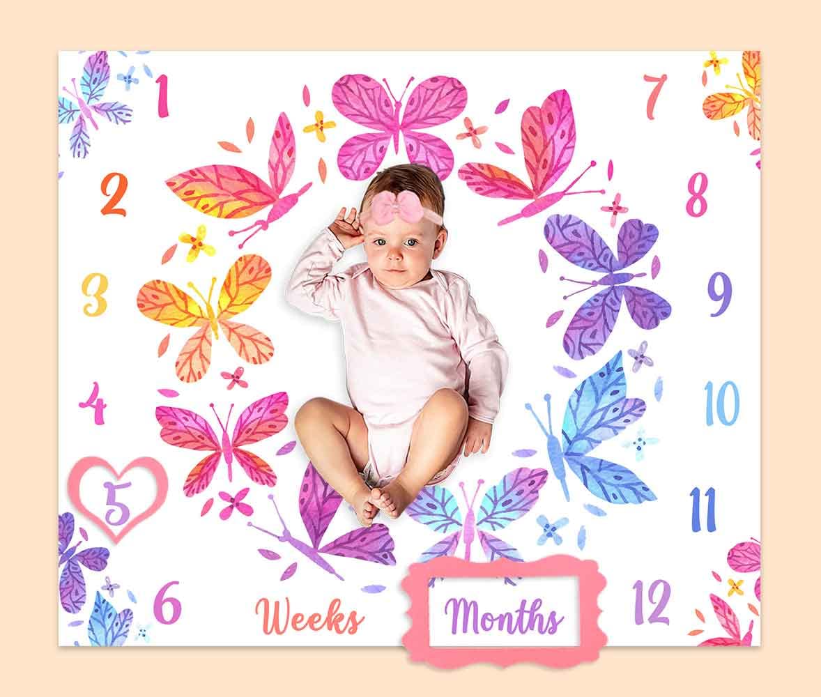 PHMOJEN Baby Girl Monthly Milestone Blanket - Ombre Butterfly Wreath Design | 48