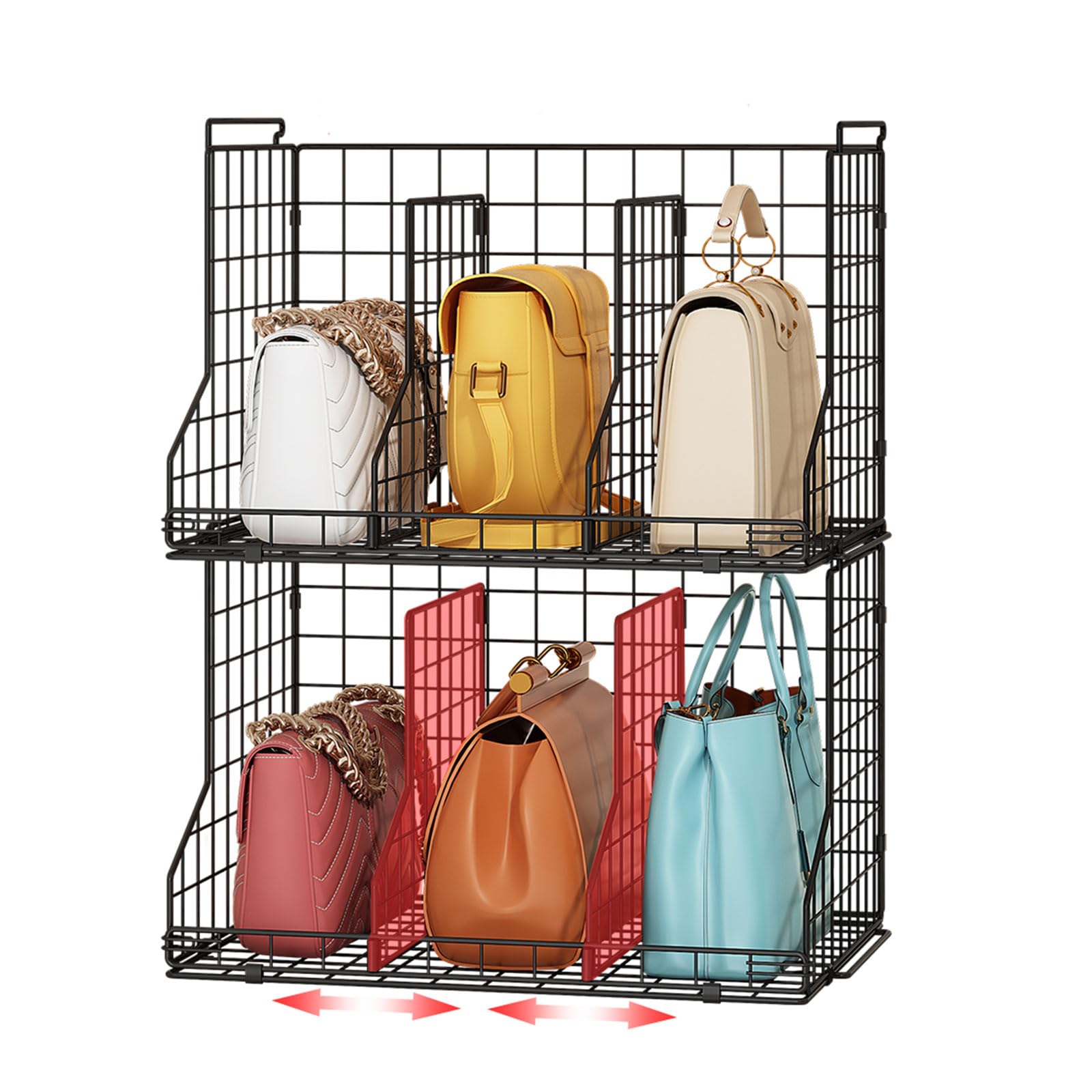 Sonyabecca Adjustable 2-Pack Stackable Wire Handbag Organizer for Closet - Purse Storage Dividers & Baskets for Handbags, Chain Bags, Clutch Bags - Black | Perfect for Open Closet Organization & Bedroom Storage