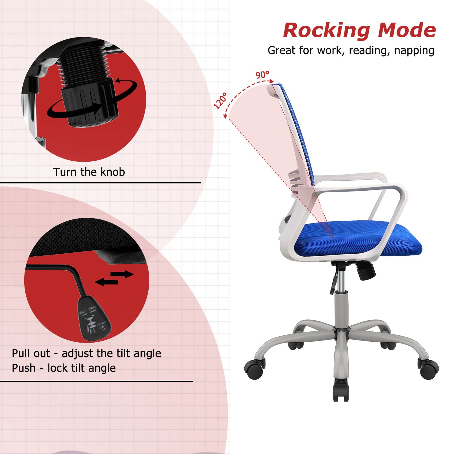 Ergonomic Office Chair with Wheels & Armrests - Adjustable Mid Back Mesh Computer Desk Chair for Home & Office - Perfect for Long Work Hours, Gaming, and Remote Work