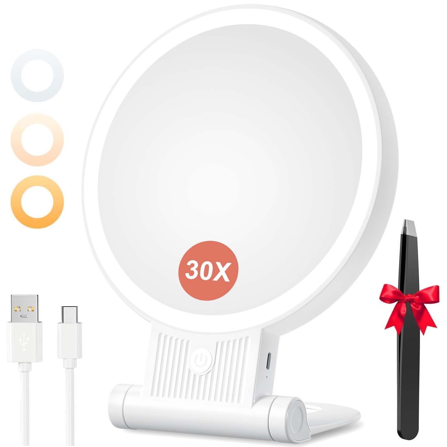 30X Magnifying Mirror with LED Light - Double Sided Makeup Mirror with Adjustable Handle, Portable Travel Vanity Mirror with Tweezers - Perfect for Home, Bathroom & Travel Makeup Application