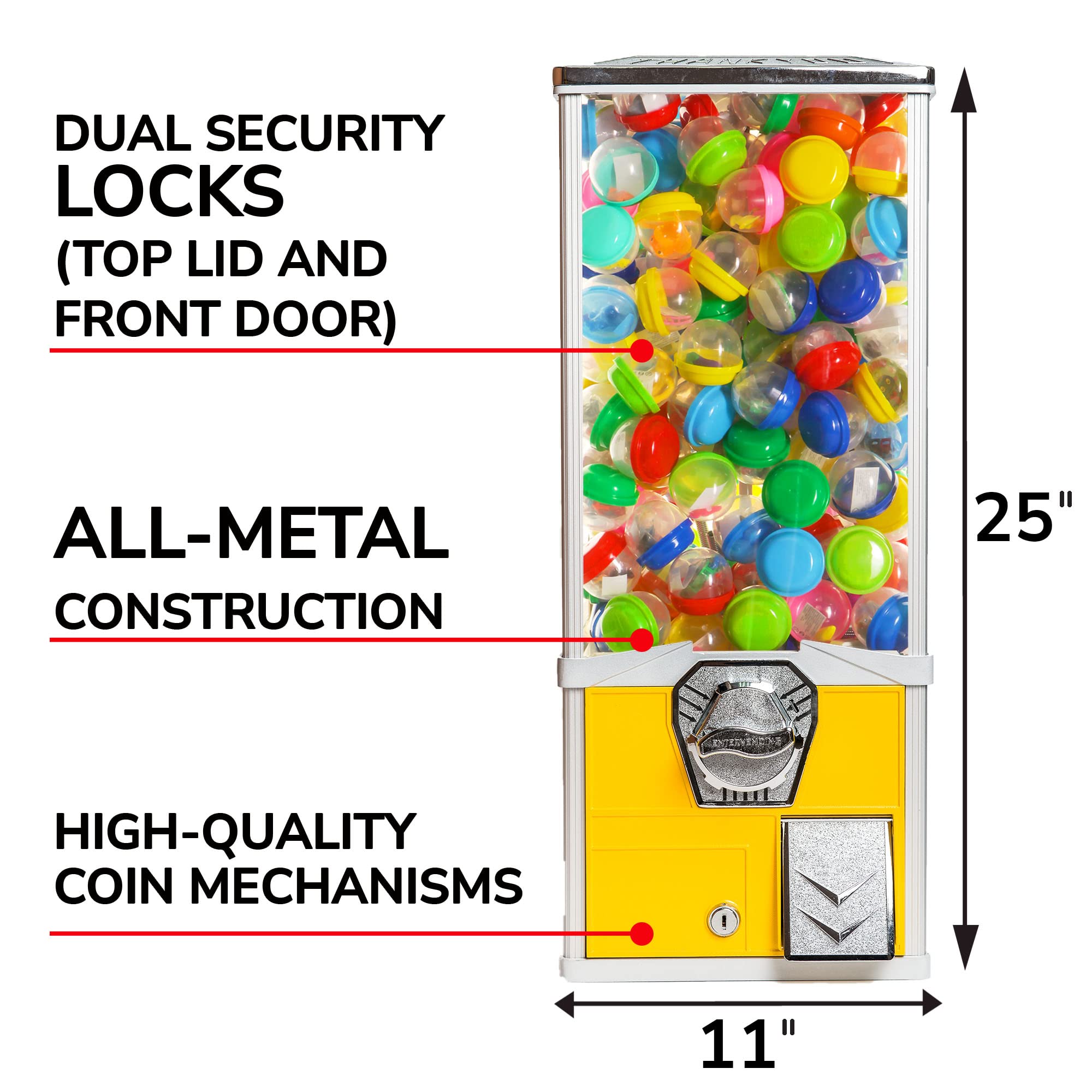 Commercial Vending Machine for 2 Inch Round Capsules - Prize Dispenser for Gumballs, Bouncy Balls & Small Toys - Yellow Big Capsule Vending Machine for Arcades, Malls & Retail Stores