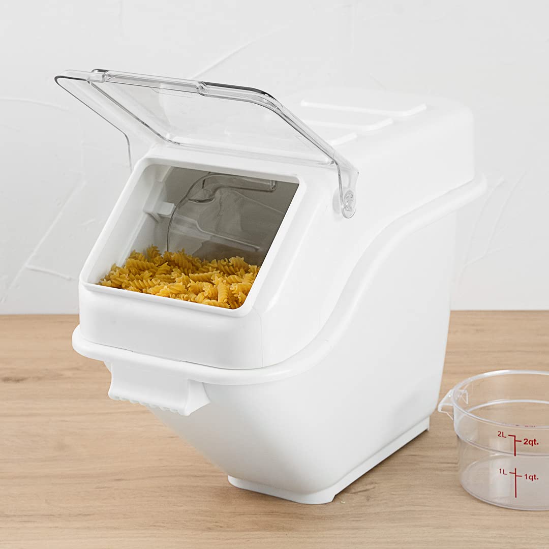 Restaurantware Met Lux 6 Gallon Food Storage Container with Lid & Measuring Scoop - Stackable White Plastic Ingredient Bin for Flour, Sugar & Bulk Foods | Commercial Kitchen & Pantry Organization Solution