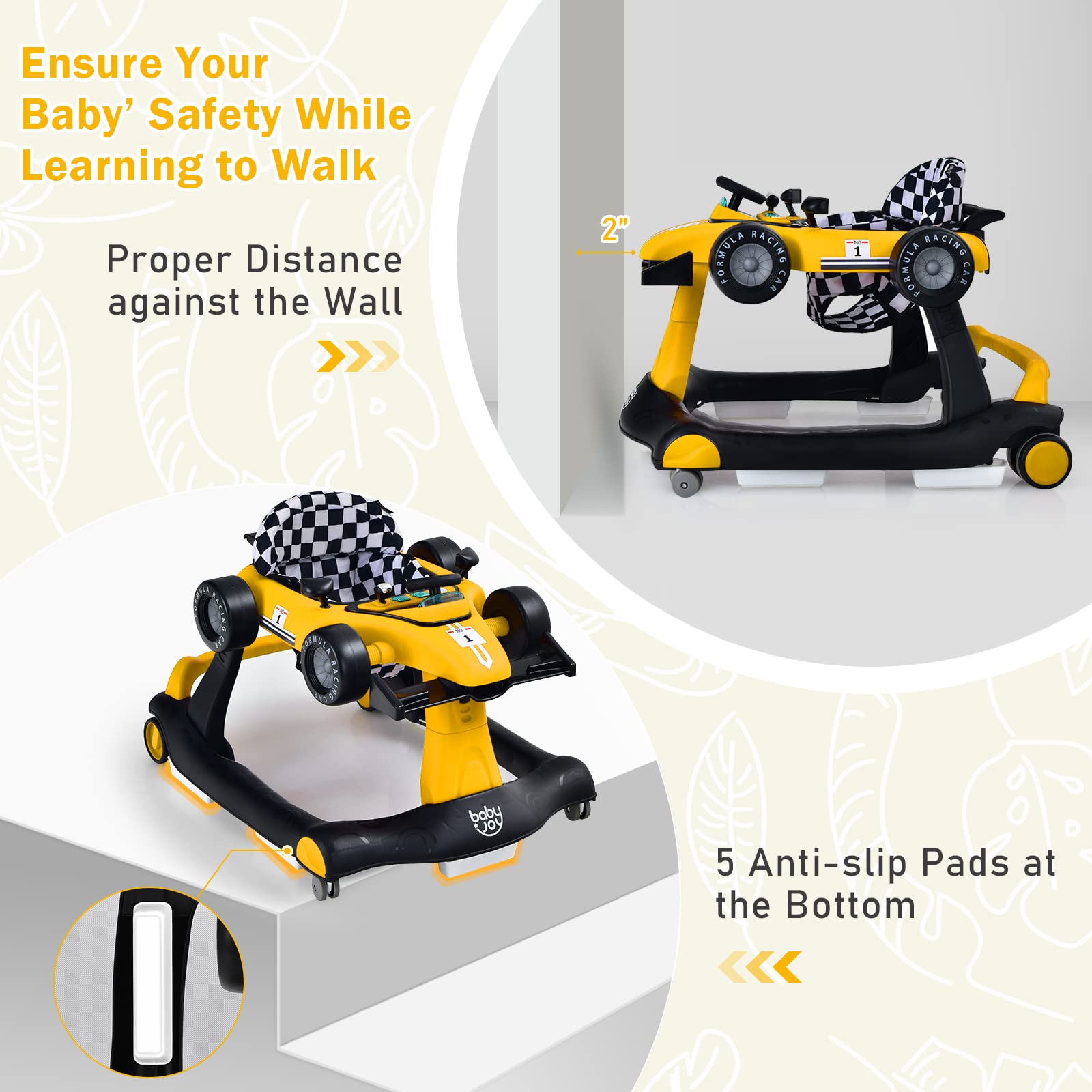 BABY JOY 4-in-1 Foldable Baby Walker with Adjustable Height & Speed - Interactive Music, LED Lights, Anti-Rollover Safety Design - Toddler Push Walker with Wheels for Boys & Girls 6-18 Months (Yellow) - Perfect for Learning to Walk, Indoor Play & Early Childhood Development