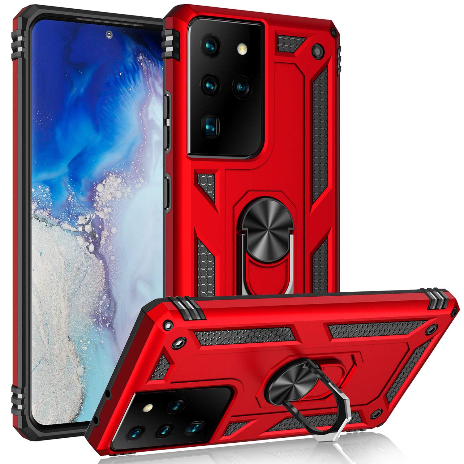 Military Grade Protective Case for Samsung Galaxy S21 Ultra with Ring Car Mount & Kickstand - Shockproof Cover for Everyday Use, Travel & Outdoor Activities - Red