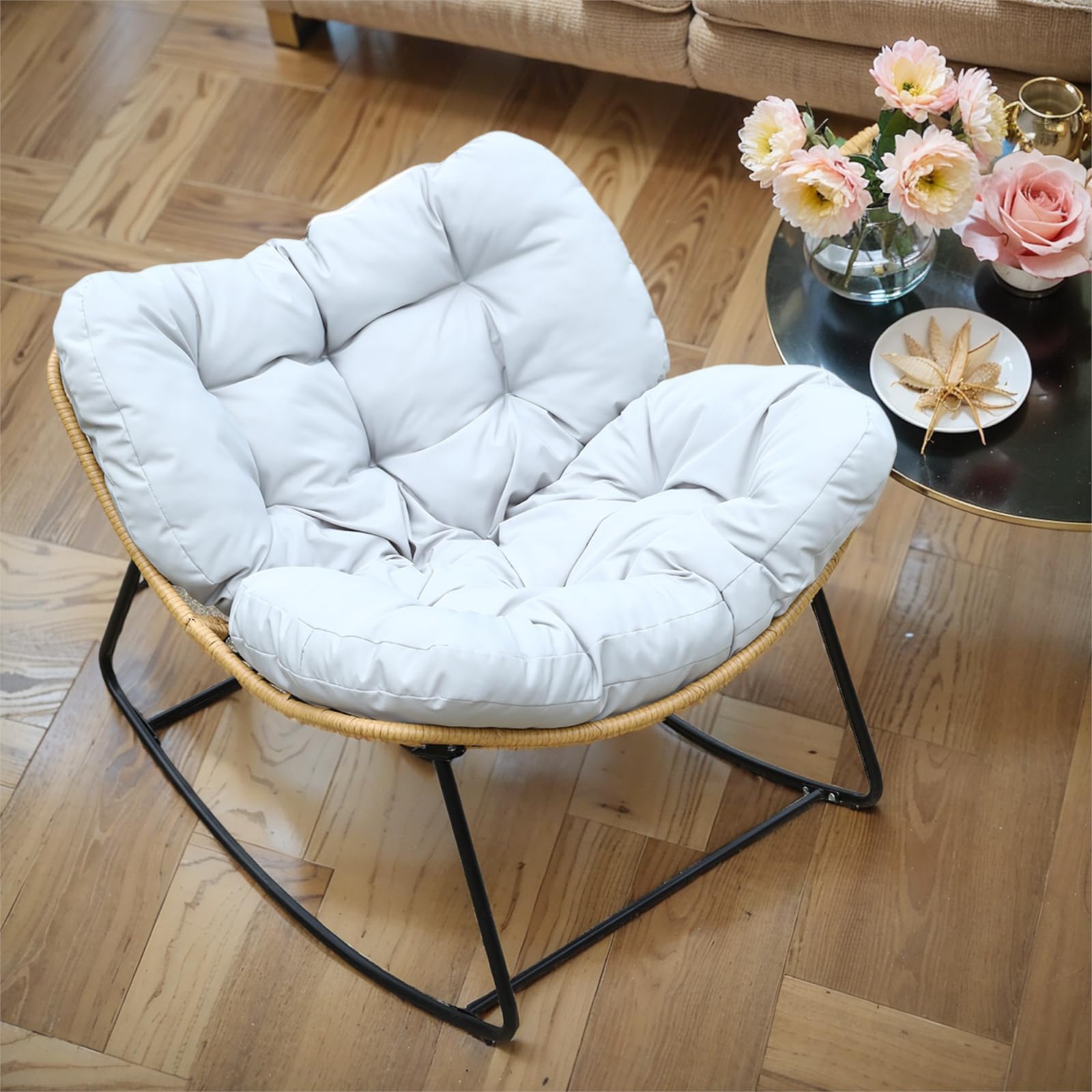 Outdoor Rocking Papasan Chair - Egg Recliner Rocker for Patio, Garden & Porch - White Padded Swing Chair for Relaxing in Bedroom, Living Room or Backyard - Perfect for Reading, Napping & Lounging