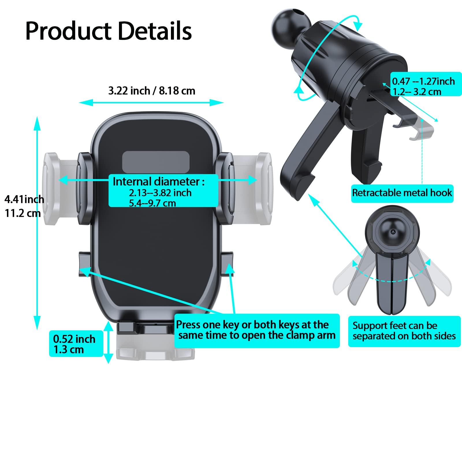 2023 Upgraded Metal Hook Universal Car Phone Mount - Secure Car Vent Phone Holder for iPhone & All Smartphones - Perfect for Commuting, Road Trips & Hands-Free Navigation