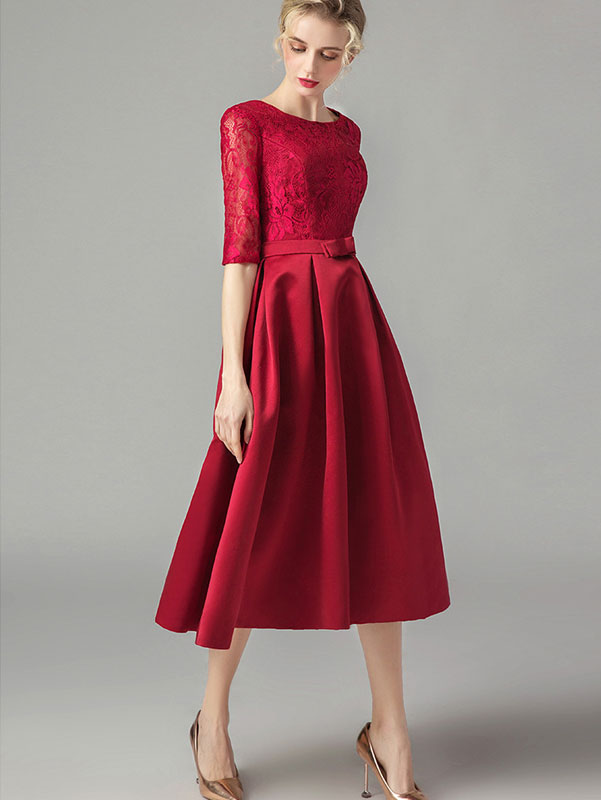Elegant Wine Red Fit & Flare Midi Tea Dress for Women - Perfect for Cocktail Parties, Weddings & Date Nights