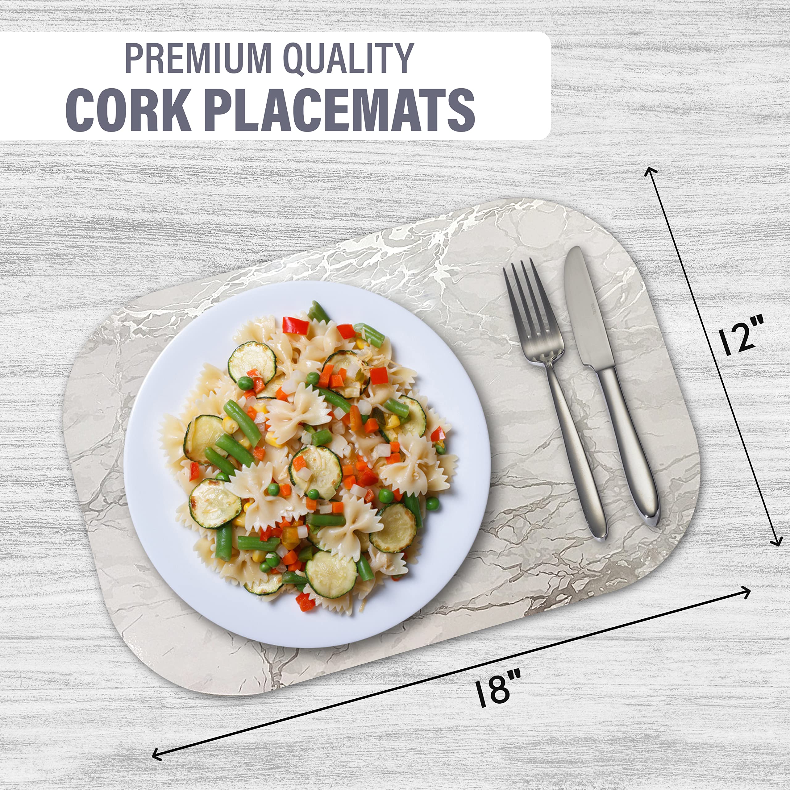 Elegant Silver Marble Cork Placemats Set of 2 - Heat Resistant, Non-Slip, Easy Clean Round & Rectangle Dining Placemats 12