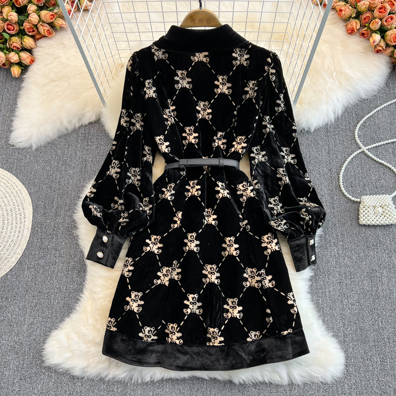 Cute Bear Print Velvet Coat Dress for Women - Warm Winter & Fall Outfit for Casual Wear, Parties & Holidays