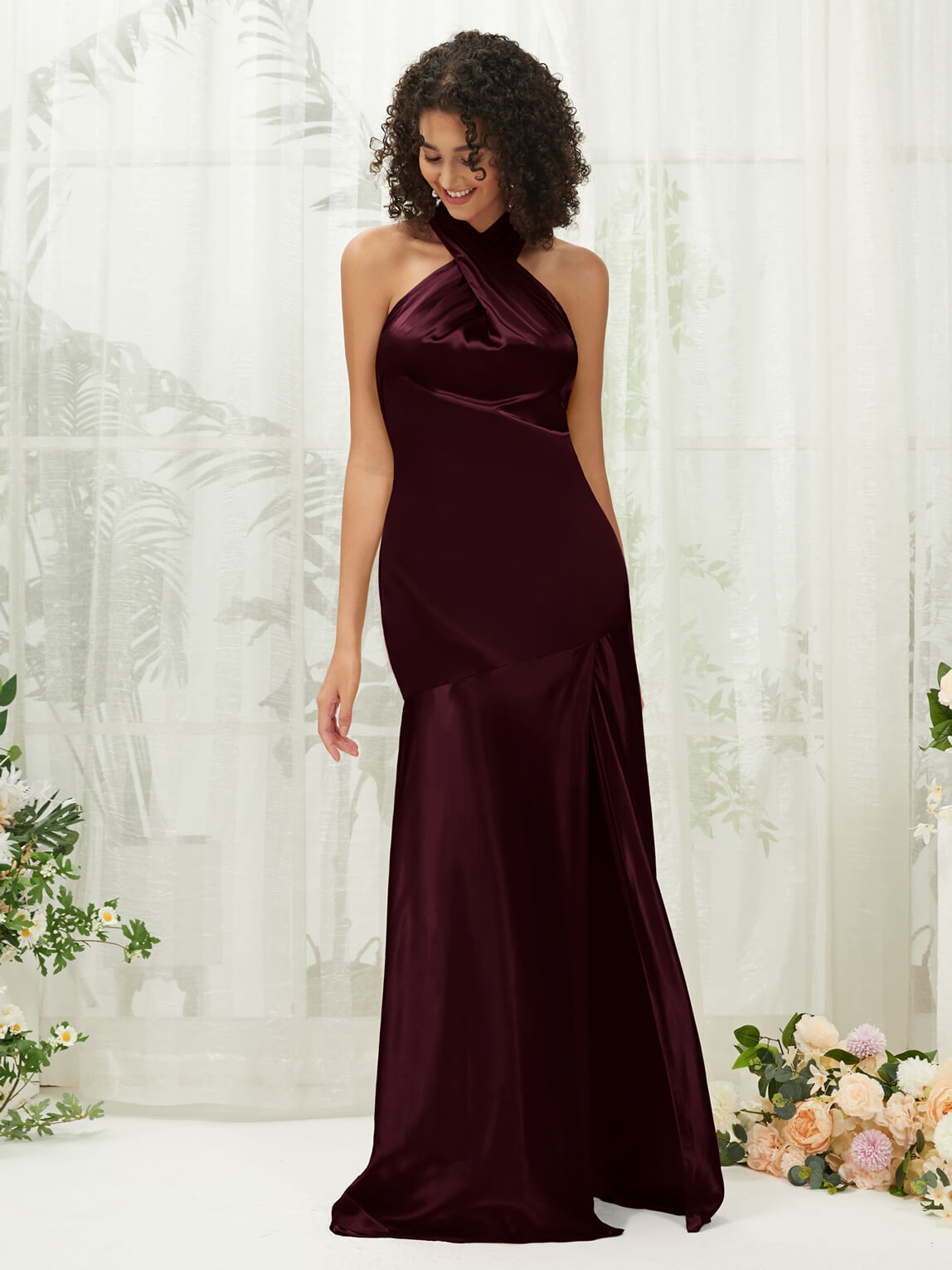 Elegant Cabernet Satin Halter Neck Sleeveless Maxi Dress with High Slit - Perfect for Bridesmaids, Evening Gowns & Formal Events