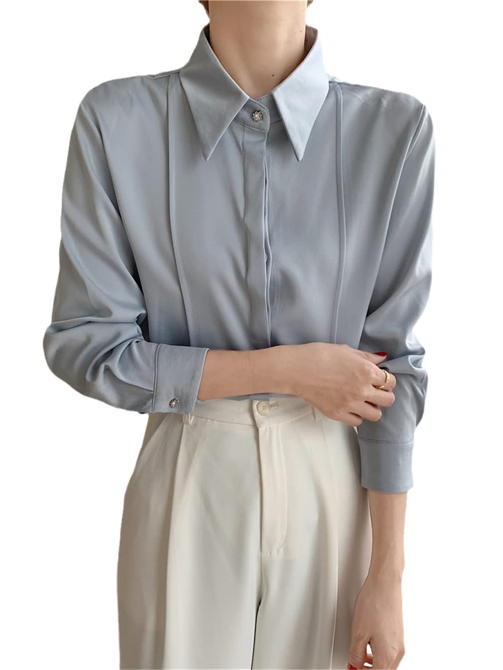 Elegant Women's Satin Blouse Long Sleeve Loose Fit Single-Breasted Shirt - Spring Office Wear & Casual Tops for Ladies | Perfect for Work, Date Night & Special Occasions