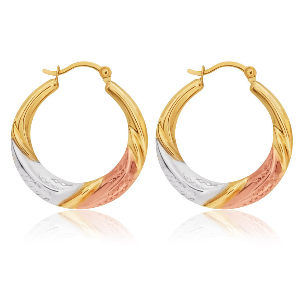 9ct Gold Three-Tone Twist Drop Earrings for Women - Elegant Jewelry Gift for Parties, Weddings & Special Occasions