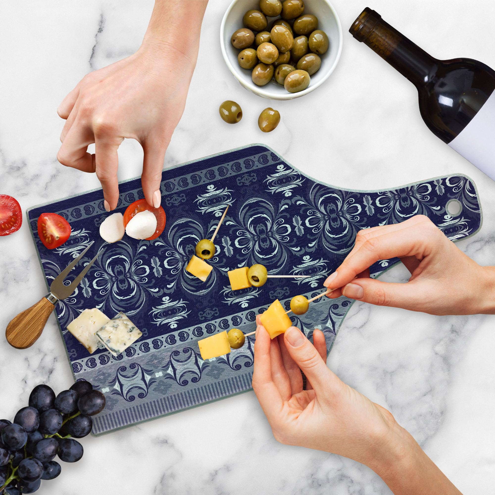 Ambesonne Navy Blue Tribal Ethnic Floral Tempered Glass Cutting Board - Decorative Wine Bottle Shape Serving Board with Dark Blue, Pale Blue & White Design - Perfect for Cheese, Charcuterie & Wine Pairing