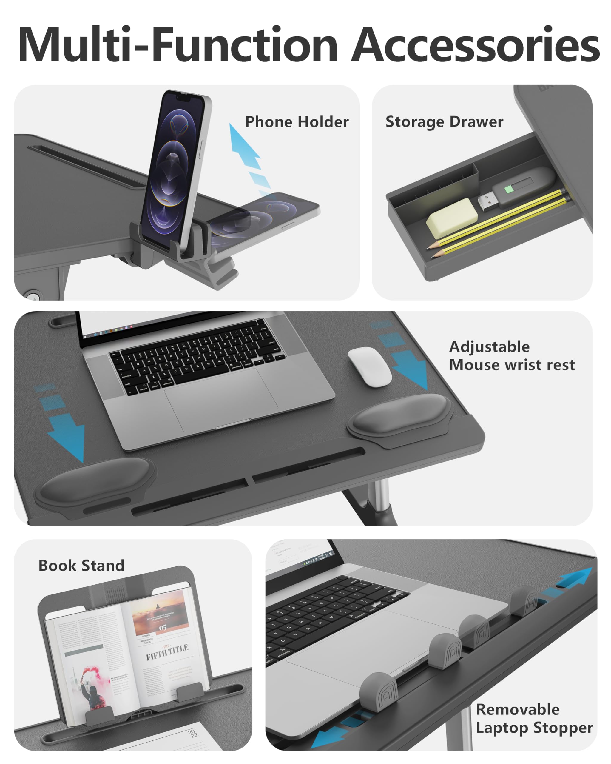 Adjustable Laptop Desk for Bed - Large Portable Workstation with Book Stand, Drawer, Wrist Cushion & Phone Holder - Perfect for Working, Studying, Writing & Dining in Bed or Sofa - Gray Ergonomic Laptop Table
