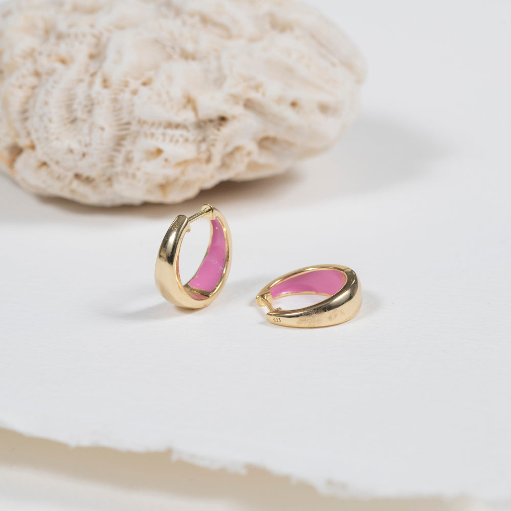 Havana Flamingo Pink Enamel & Gold Huggie Hoop Earrings for Women - Trendy Dainty Huggie Hoops for Everyday Wear & Special Occasions