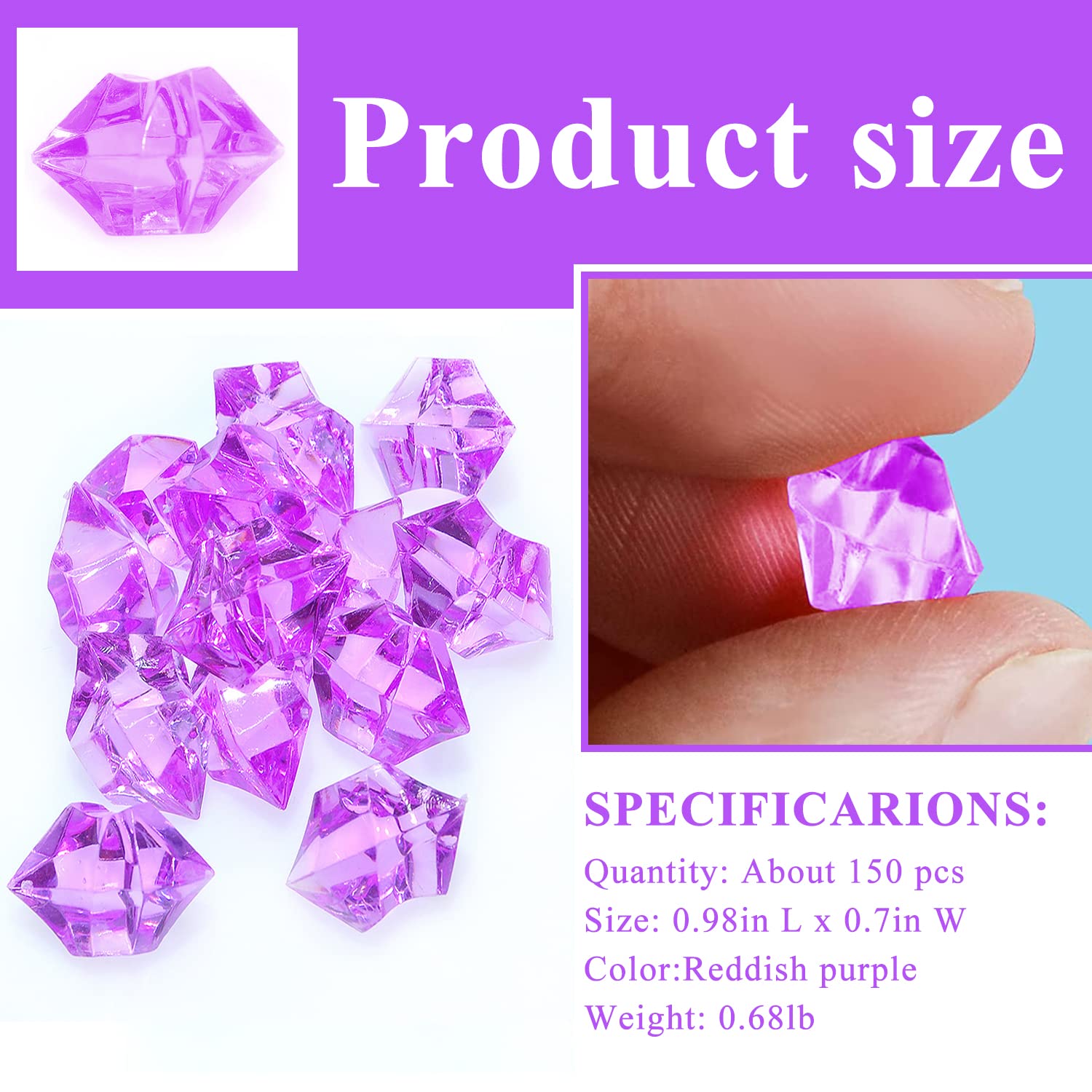 150 Pcs Acrylic Fake Crushed Ice Rocks - Reddish Purple Plastic Ice Cube Gems for Vase Fillers, Wedding Centerpieces, Home Decor & Craft Displays | DIY Diamond Decoration & Party Table Scatter