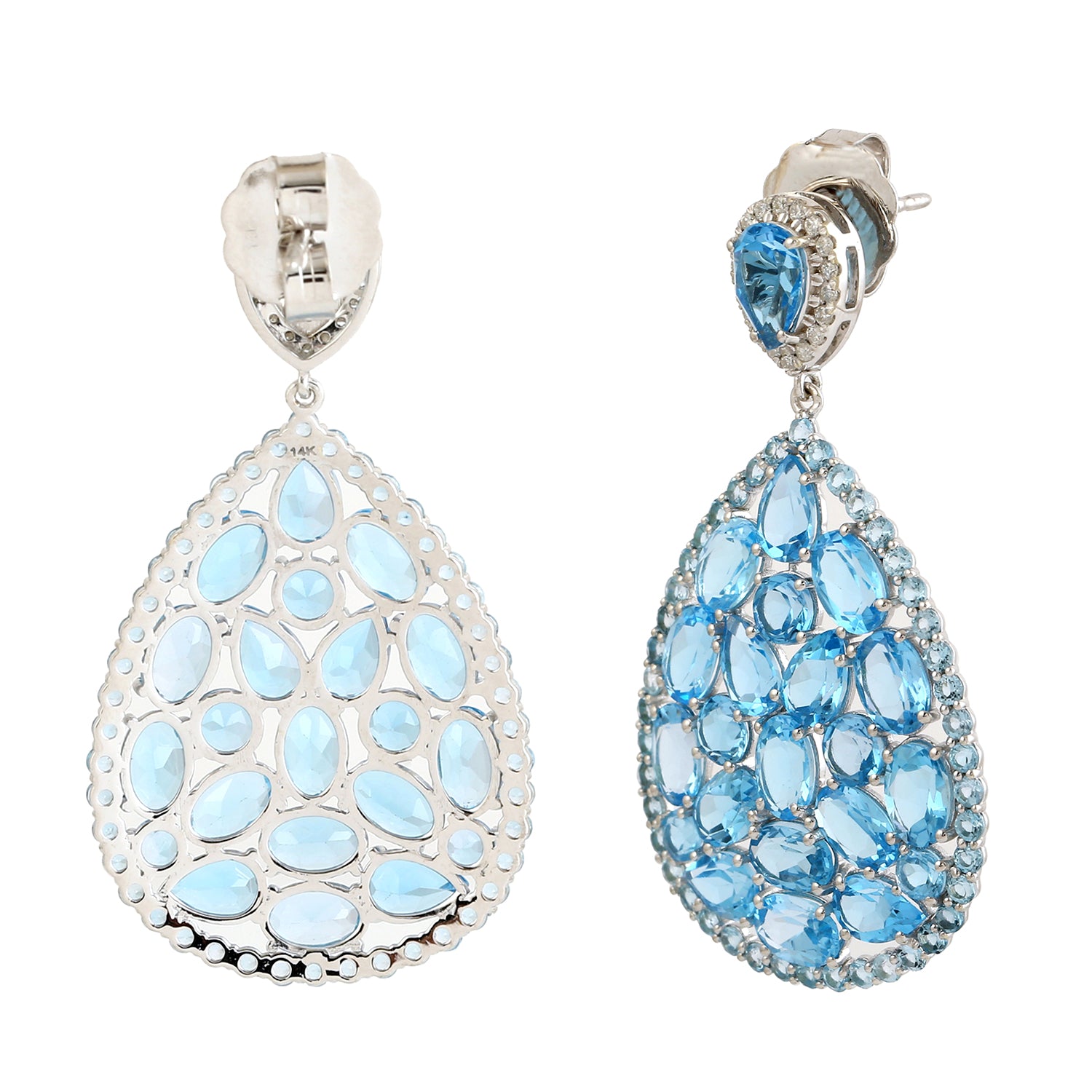 14K White Gold Blue Topaz Diamond Cluster Earrings for Women - Elegant Gift for Birthday, Anniversary & Special Occasions
