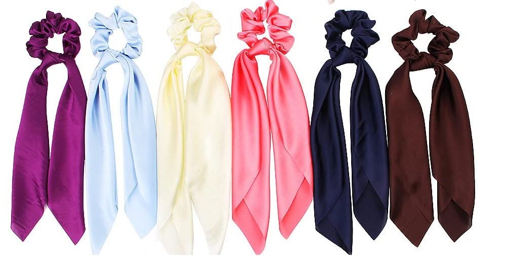 ASG Solid Color Cloth Scarf Rubber Bands - 6 Pack Long Ribbon Satin Hair Ropes & Elastic Scrunchies Hair Accessories for Women, Girls - Perfect for Ponytails, Braids, Buns and Everyday Styling