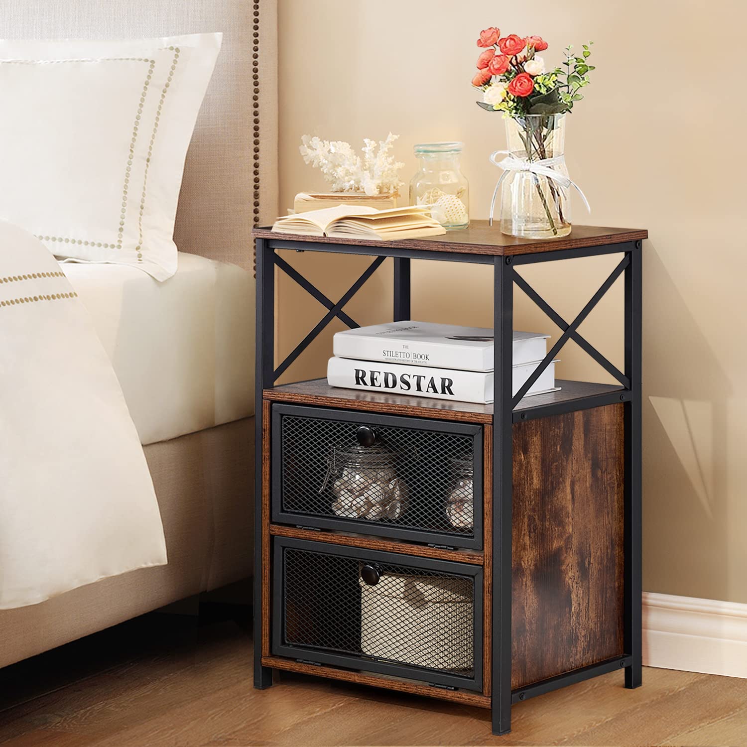 Modern Night Stand with Storage & Flip Drawer - Set of 2 Brown End Tables for Bedroom, Living Room & Lounge - Space-Saving Nightstand with Door for Small Apartments & Dorm Rooms