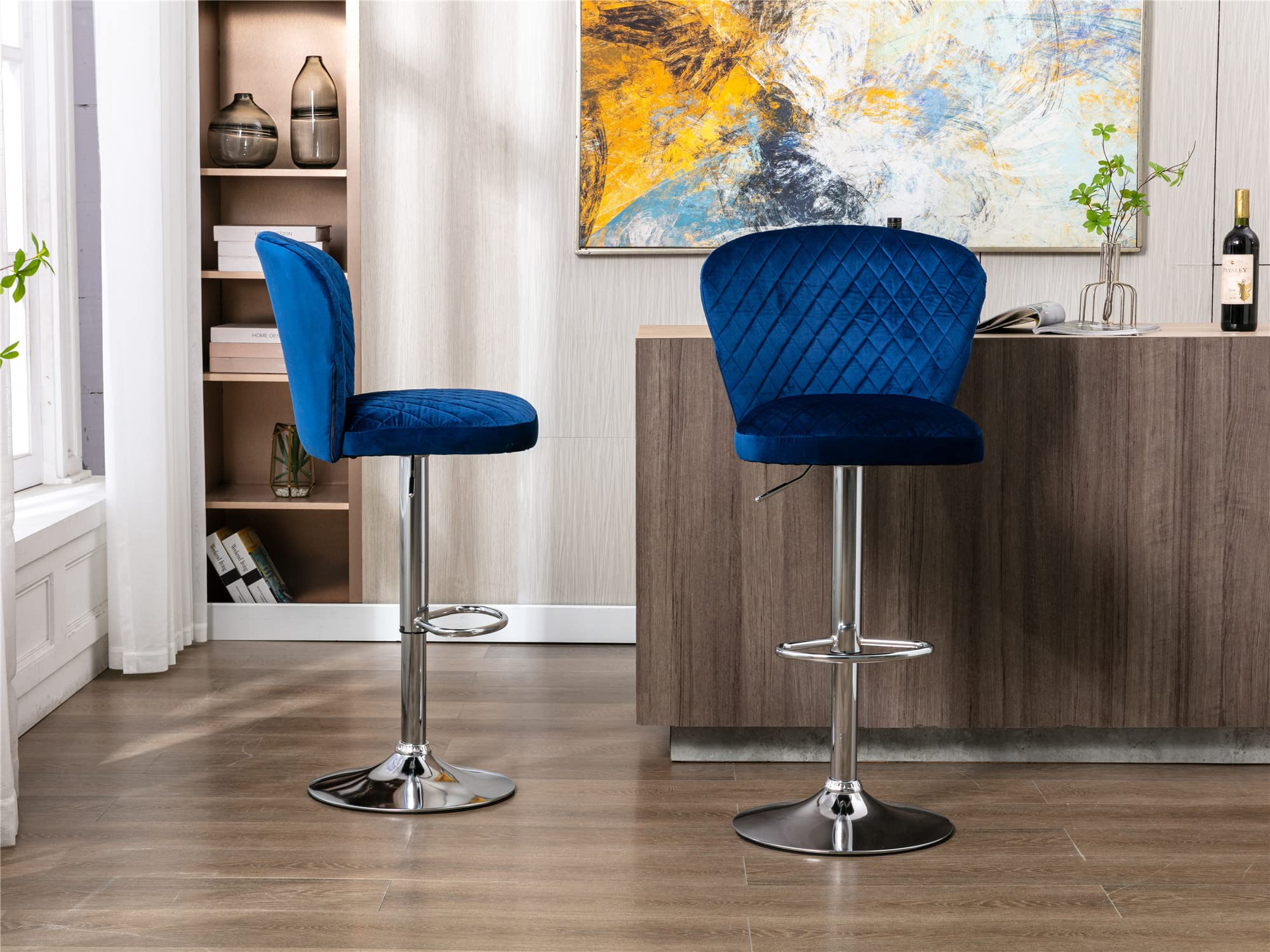 LUKYRA 2-Piece Swivel Bar Stools Set - Adjustable Height Velvet Upholstered Modern Barstools with High Back & Tufted Design (Navy Blue) - Perfect for Kitchen Islands, Home Bars, and Breakfast Nook Seating