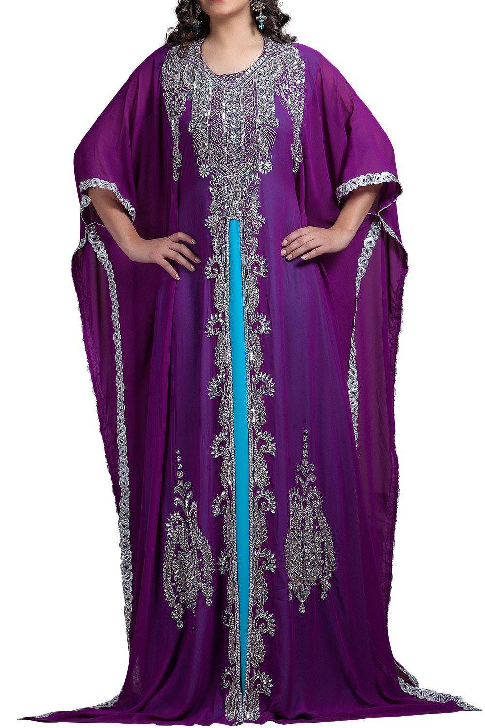 Elegant Blue and Purple Georgette Kaftan Dress for Women - Boho Chic Beach Cover Up, Poolside Lounge & Summer Vacation Outfit