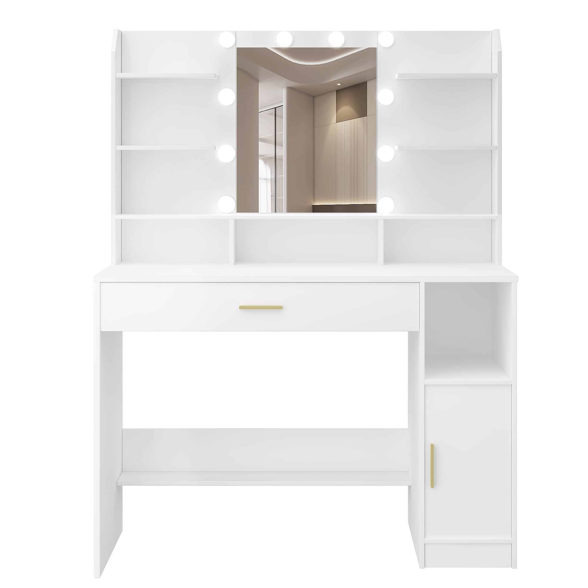 Vanity Desk with Mirror & 10 LED Lights - 3-Level Adjustable Brightness, Makeup Dressing Table with Hidden/Open Shelves & Oversized Drawers - Perfect for Bedroom, Dorm, Apartment (White)