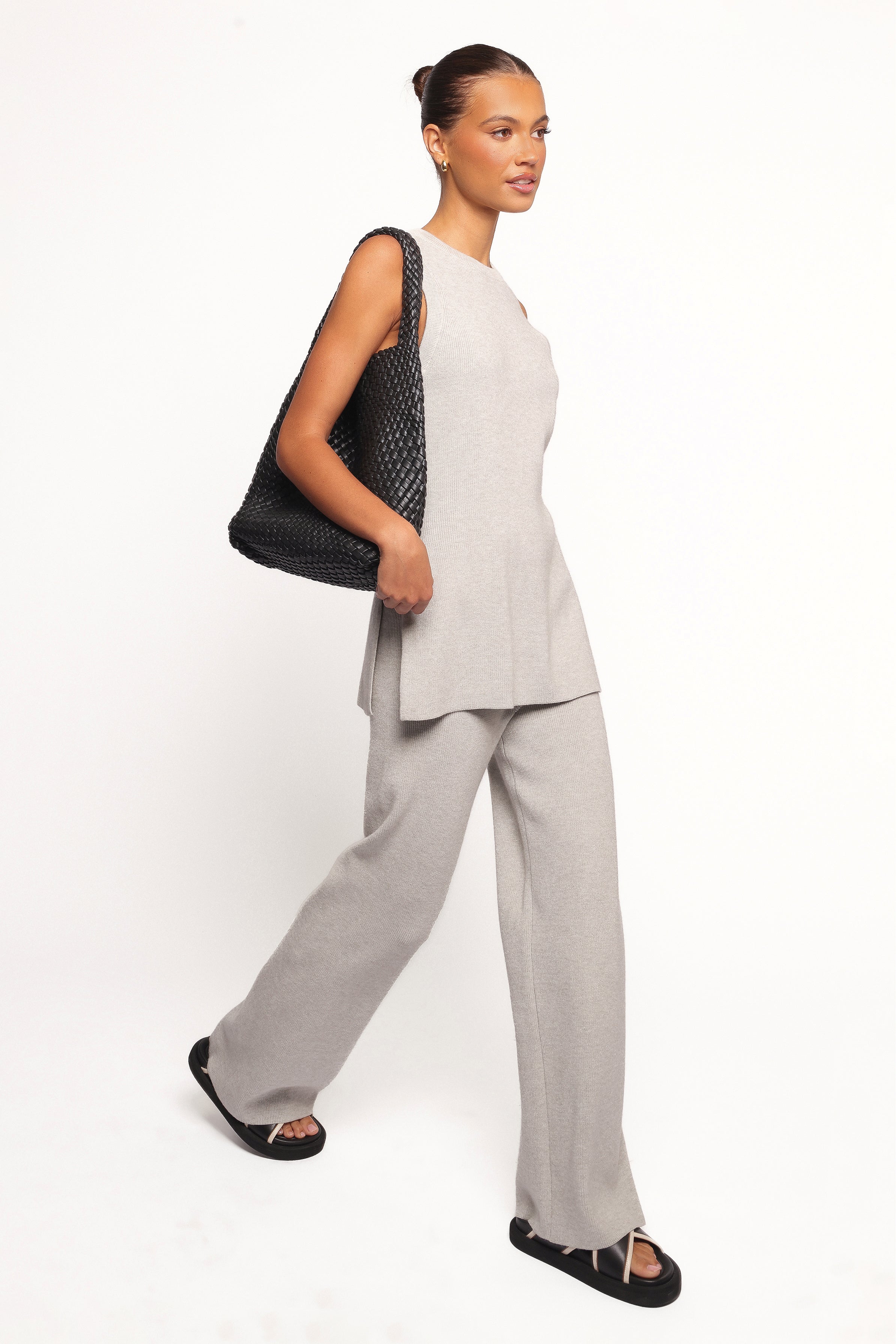 Ellory Knitted Pant Set for Women - Soft Light Grey Lounge Wear, Comfortable Stretchy Jogger Pants & Top Outfit - Perfect for Yoga, Home Relaxation & Casual Outings