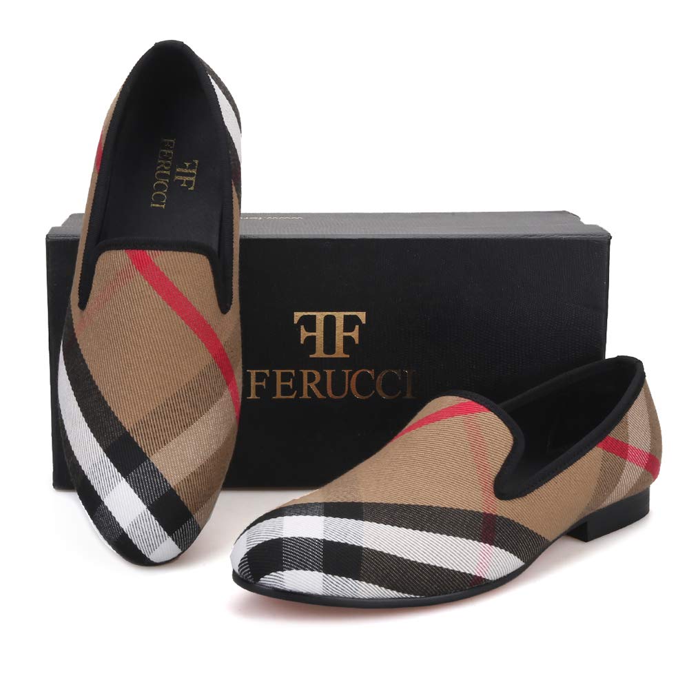 FERUCCI Men's Plaid Khaki Fabric Loafers - Comfortable Casual & Wedding Slippers for Indoor/Outdoor Wear - Perfect for Prom, Parties & Daily Use