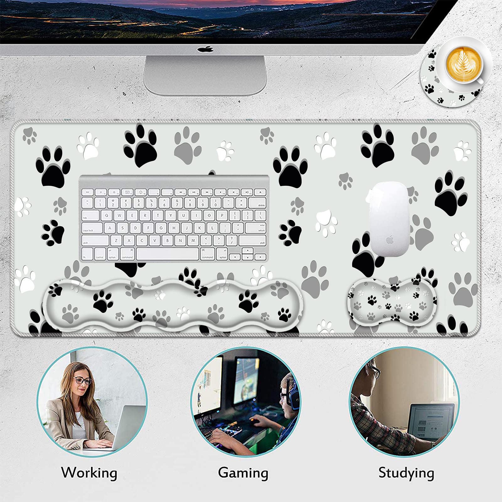 Large Mouse Pad Set (31.5×11.8 in) with Keyboard Wrist Rest, Mouse Wrist Support & Coaster - Non-Slip Desk Mat for Office, Home, Computer & Laptop - Cute Paw Print Design for Comfortable Gaming & Work