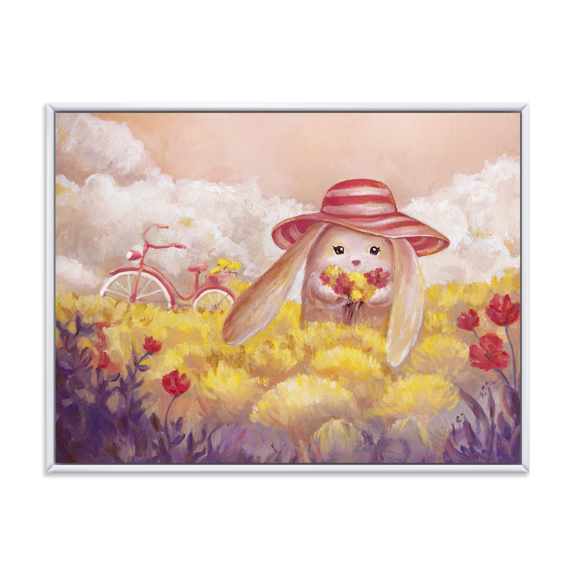 Little Bunny With Flowers - Traditional Framed Canvas Wall Art Print for Nursery, Kids Room Decor & Spring Home Decor