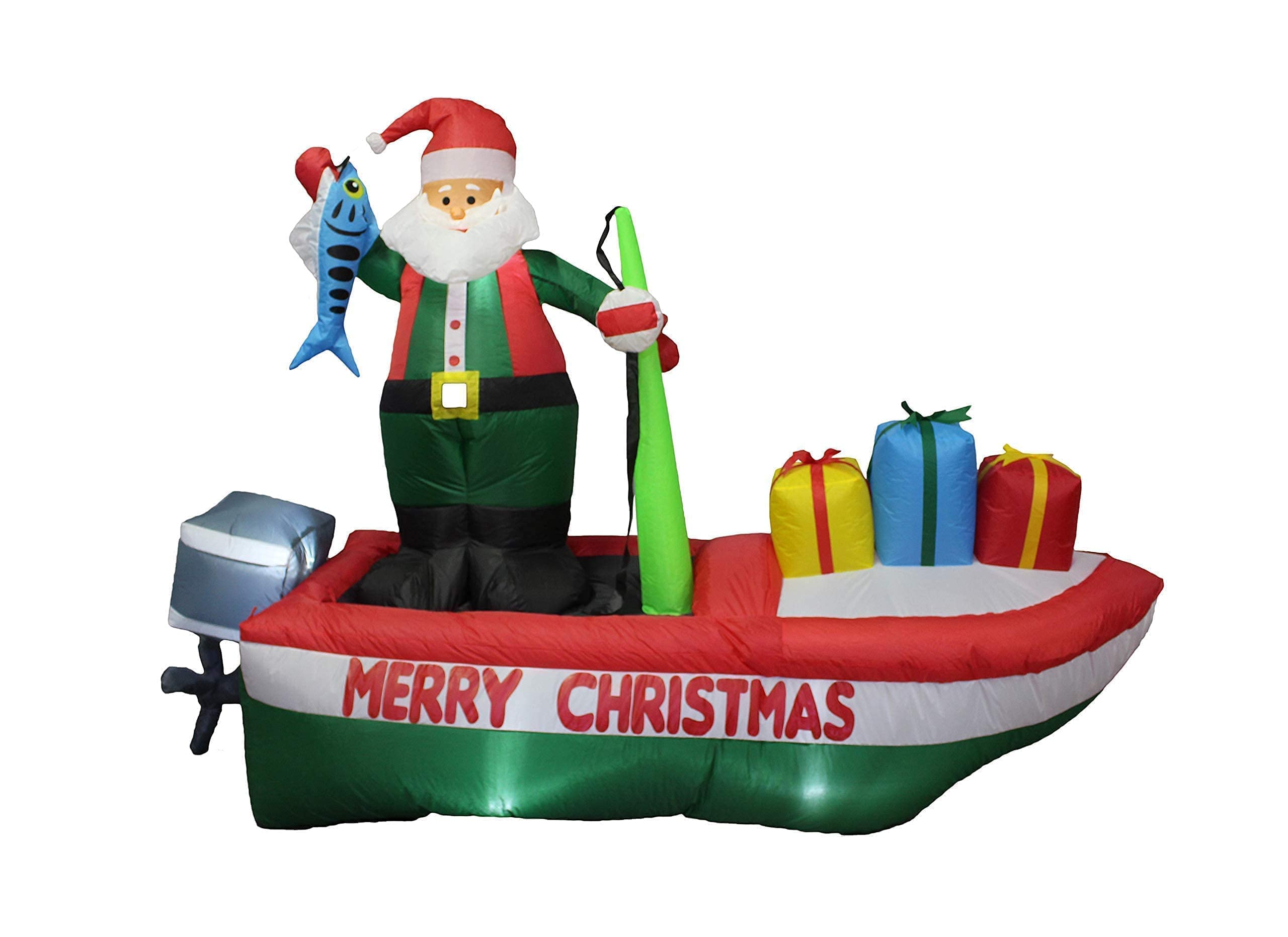 7ft Inflatable Santa Claus & Penguin Island with Palm Tree + 8ft Inflatable Santa Fishing Boat with Lights - Christmas Party Decorations Bundle for Outdoor Yard, Lawn, and Holiday Festive Decor