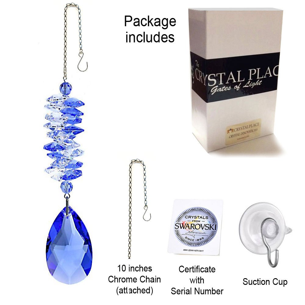 5 Inch Blue Sapphire Almond Prism Crystal Suncatcher - Swarovski Rainbow Maker with Spiral Cascade Design for Window Decor, Garden Ornament & Home Decoration